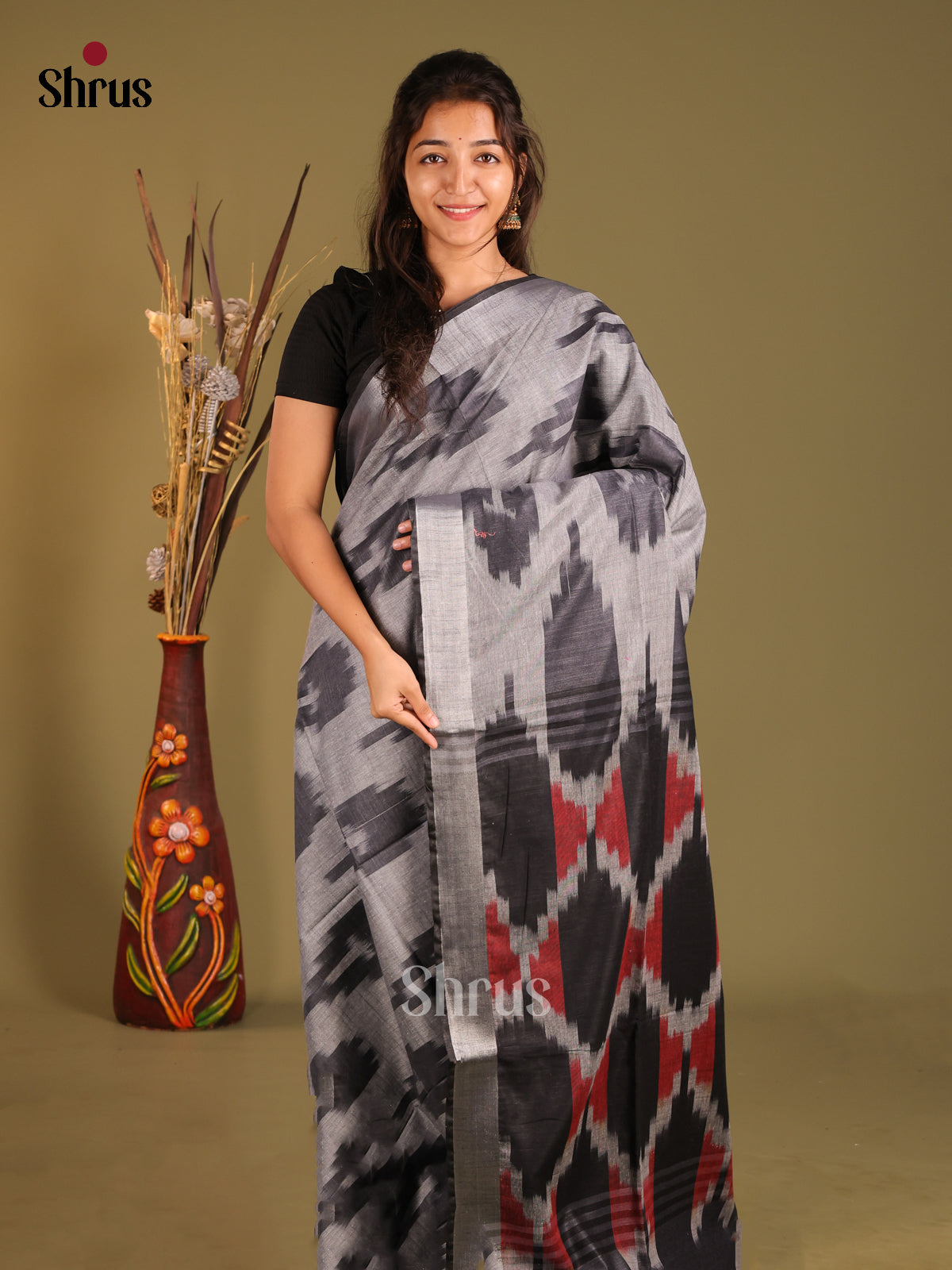 Grey & Black- Semi Ikkat Saree - Shop on Shrus.com