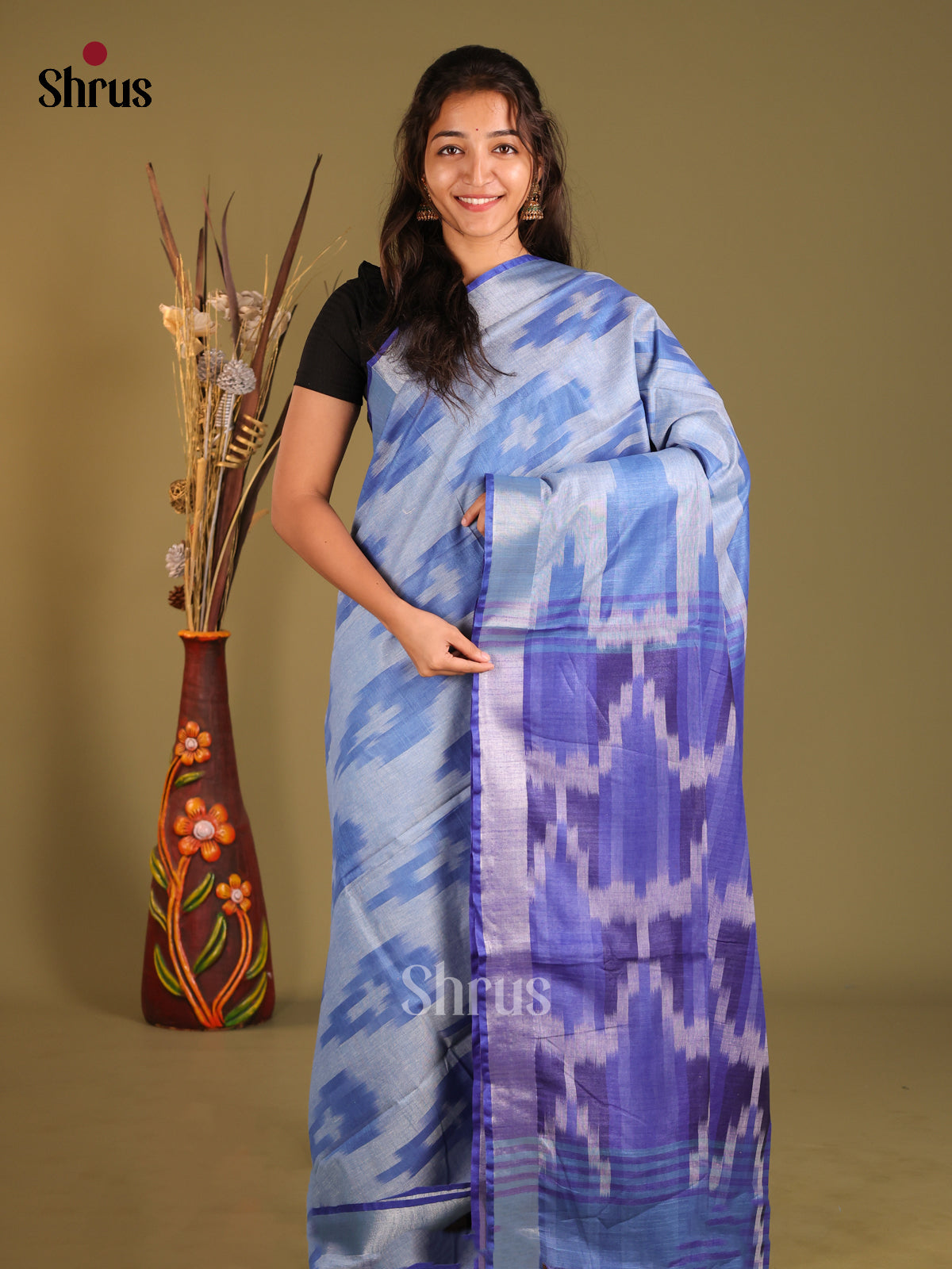 Grey & Blue- Semi Ikkat Saree