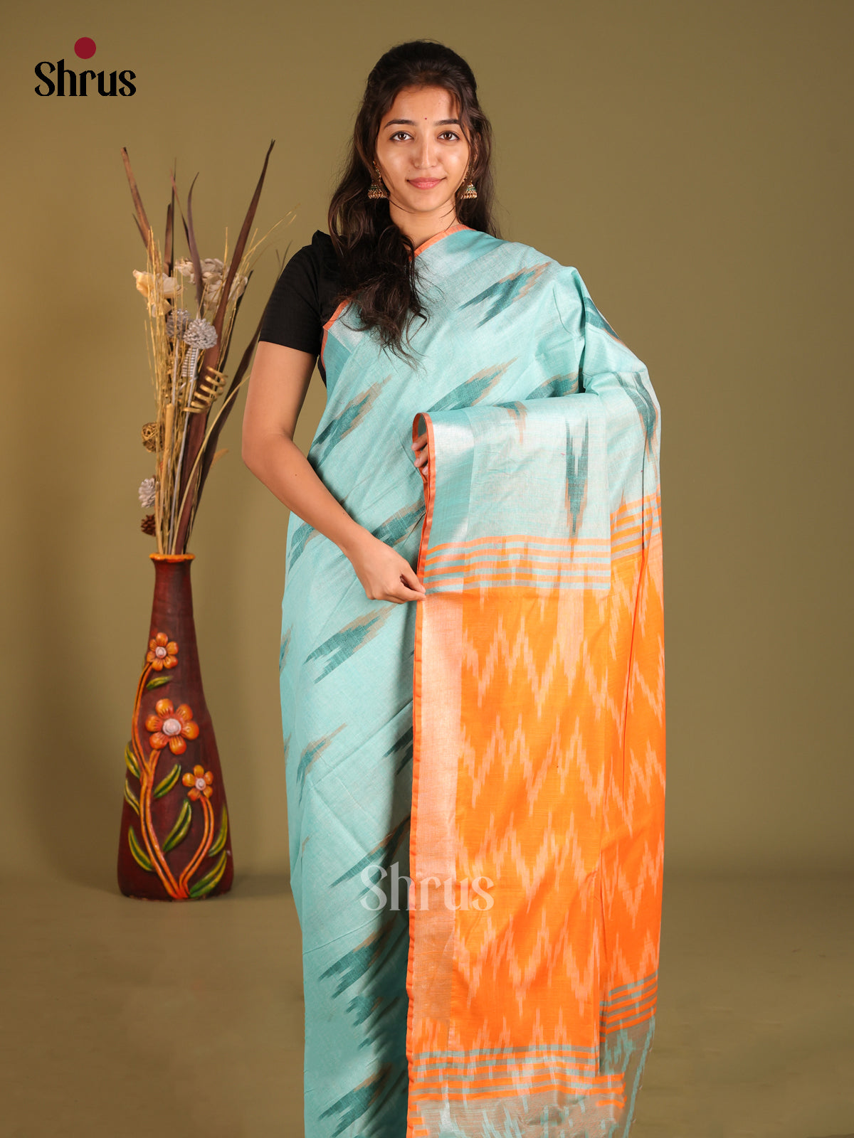 Blue & Orange - Semi Ikkat Saree