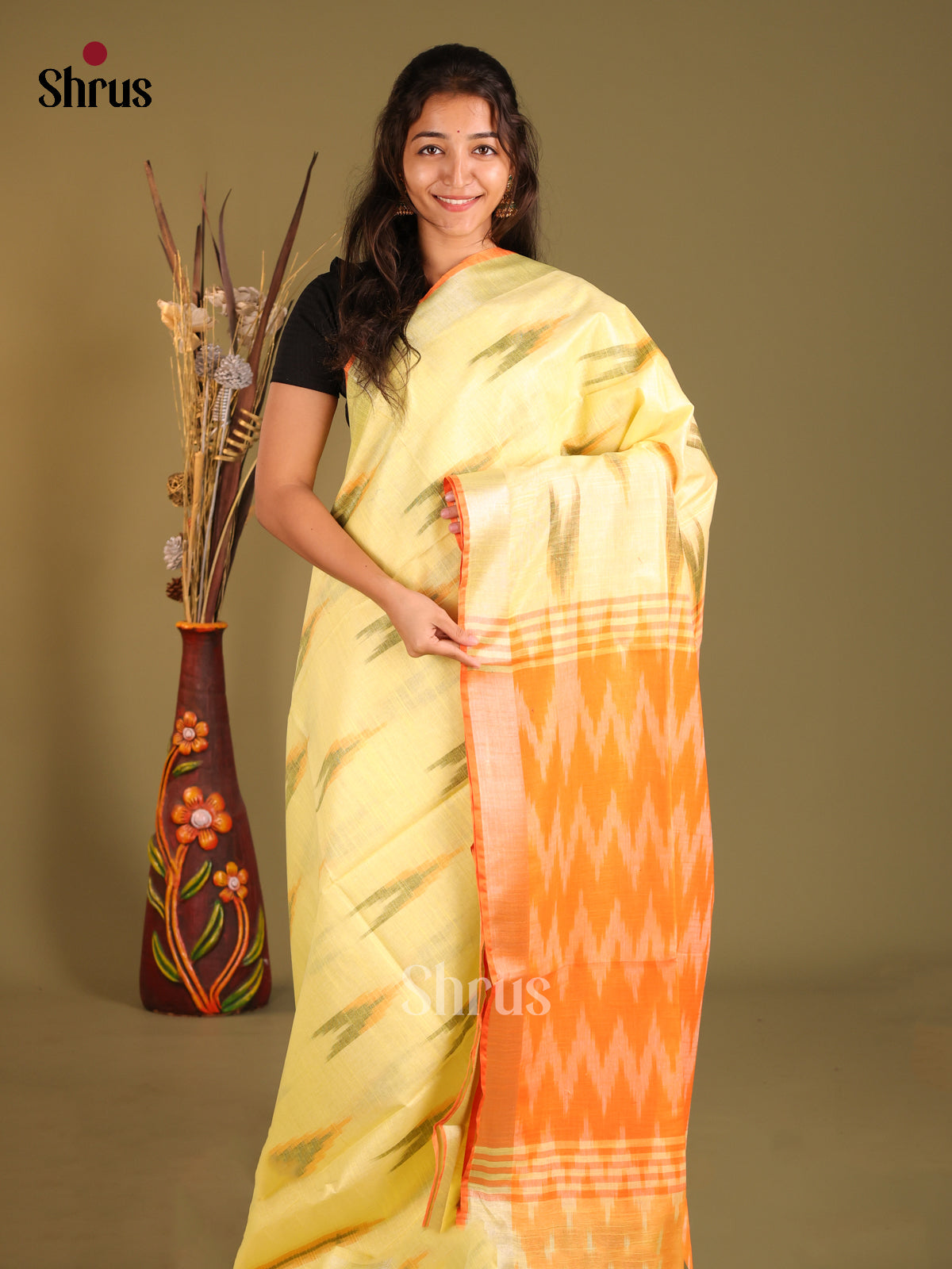 Yellow & Orange - Semi Ikkat Saree