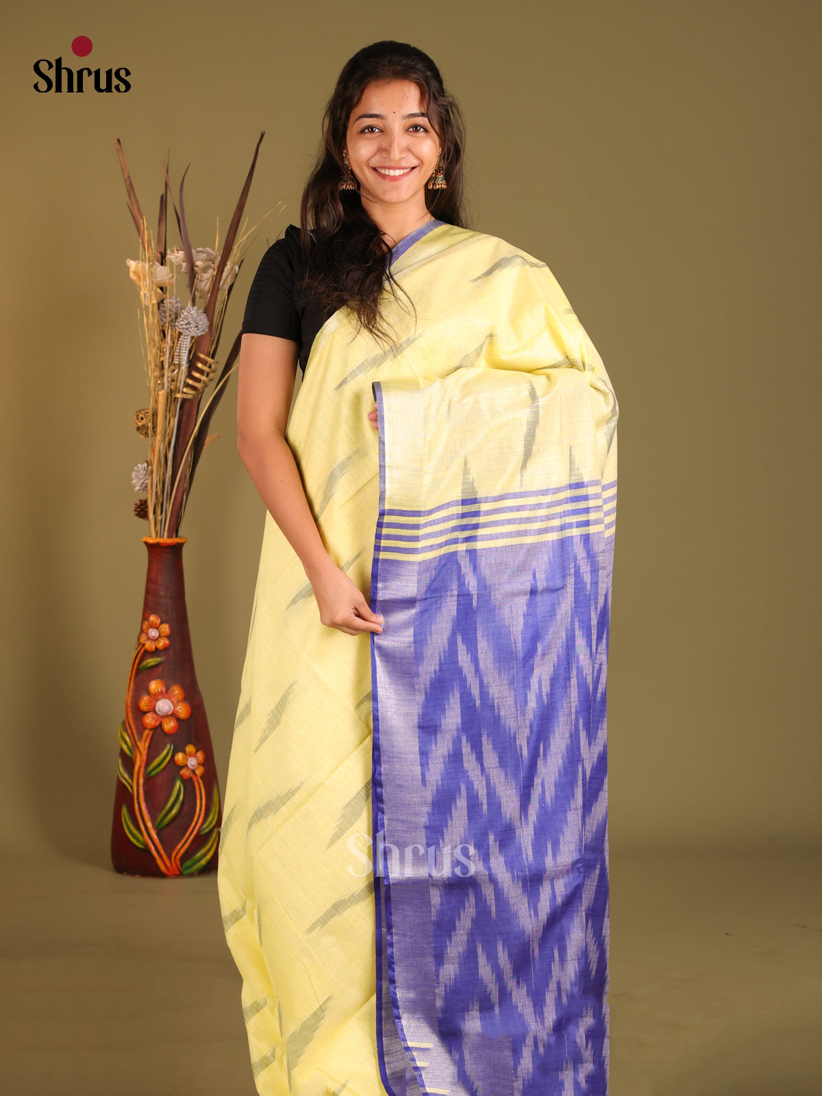 Yellow & Grey- Semi Ikkat Saree - Shop on Shrus.com
