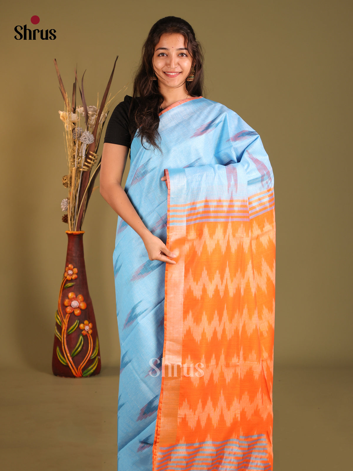 Blue & Orange - Semi Ikkat Saree