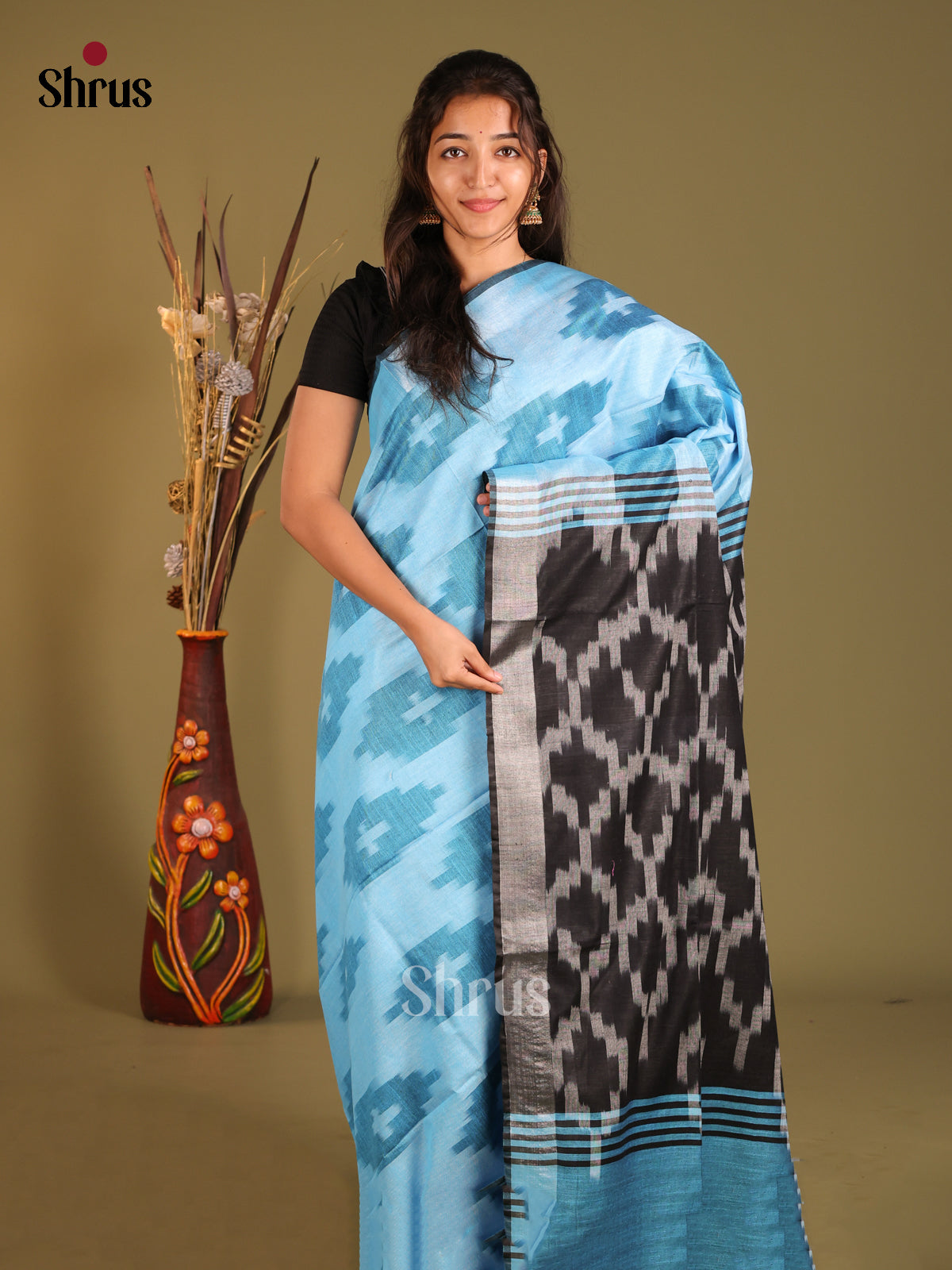 Blue & Black - Semi Ikkat Saree