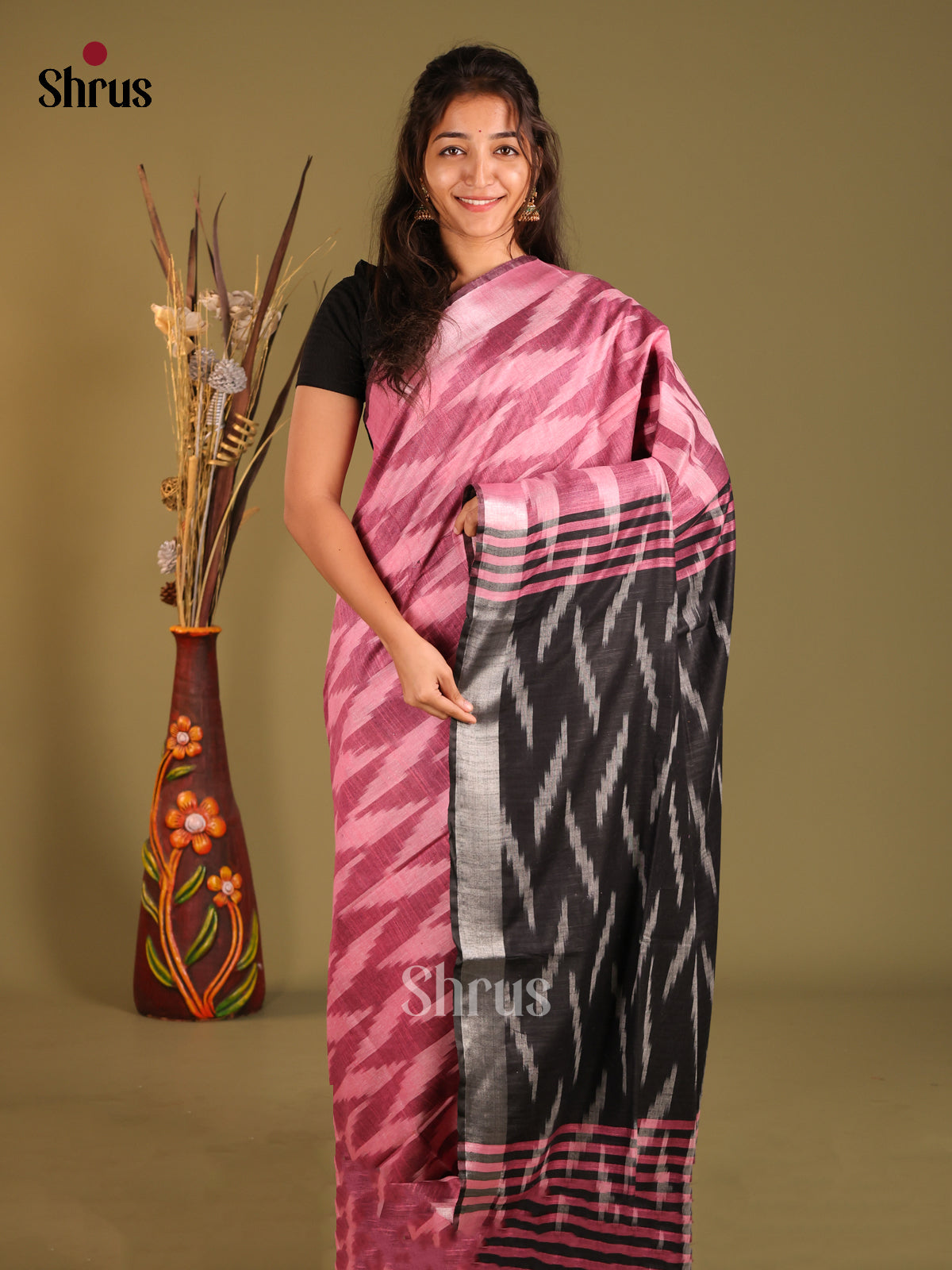 Pink & Black- Semi Ikkat Saree - Shop on Shrus.com