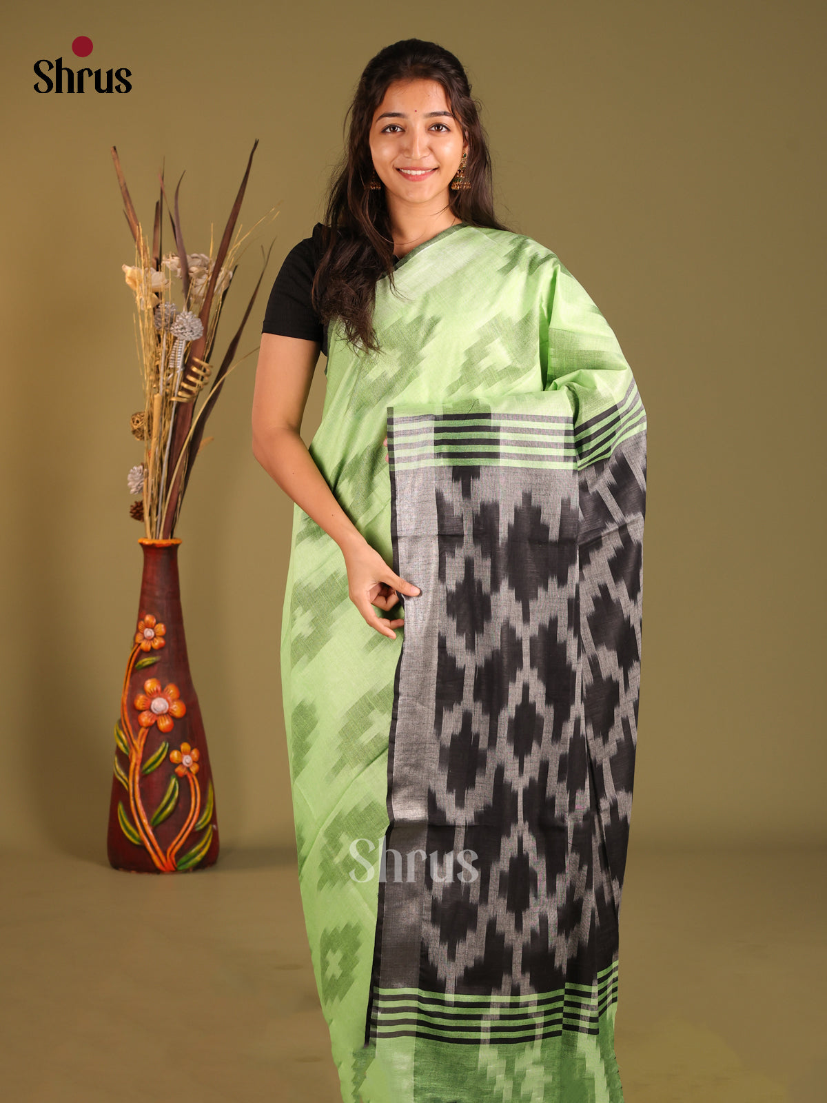 Green & Black - Semi Ikkat Saree