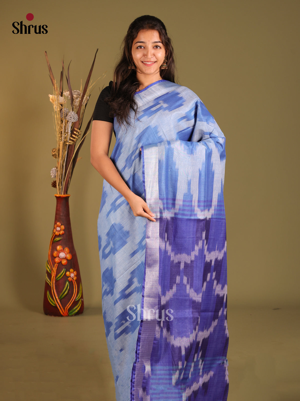 Greyish Blue & Blue - Semi Ikkat Saree