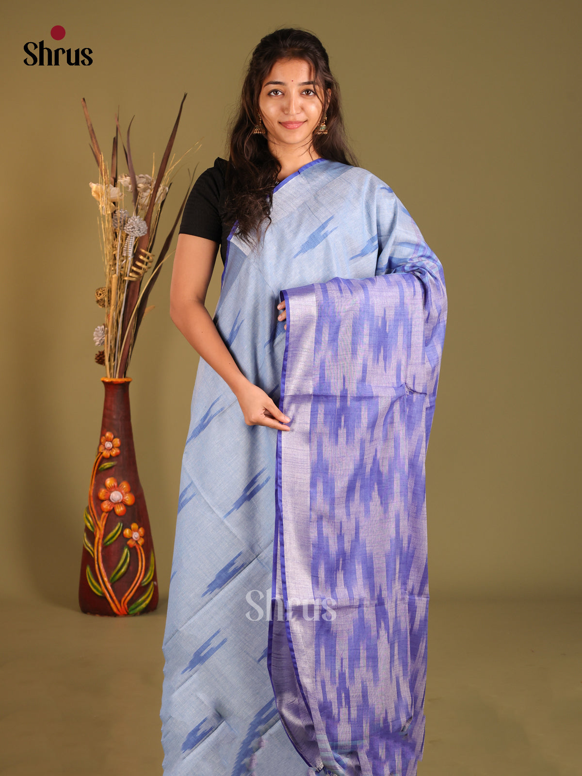 Light Blue & Lavender - Semi Ikkat Saree - Shop on Shrus.com