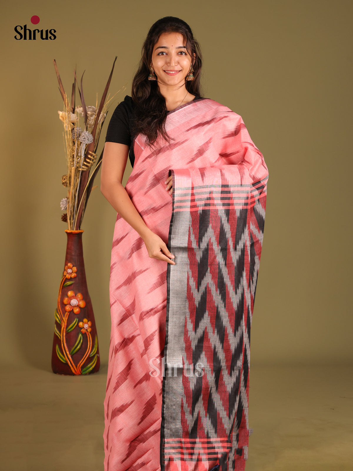 Pink & Grey- Semi Ikkat Saree - Shop on Shrus.com