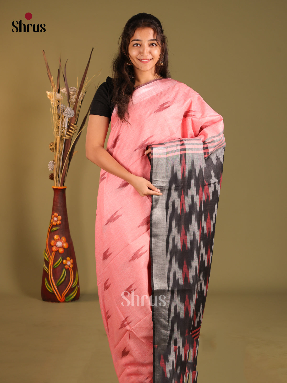 Pink & Grey- Semi Ikkat Saree - Shop on Shrus.com