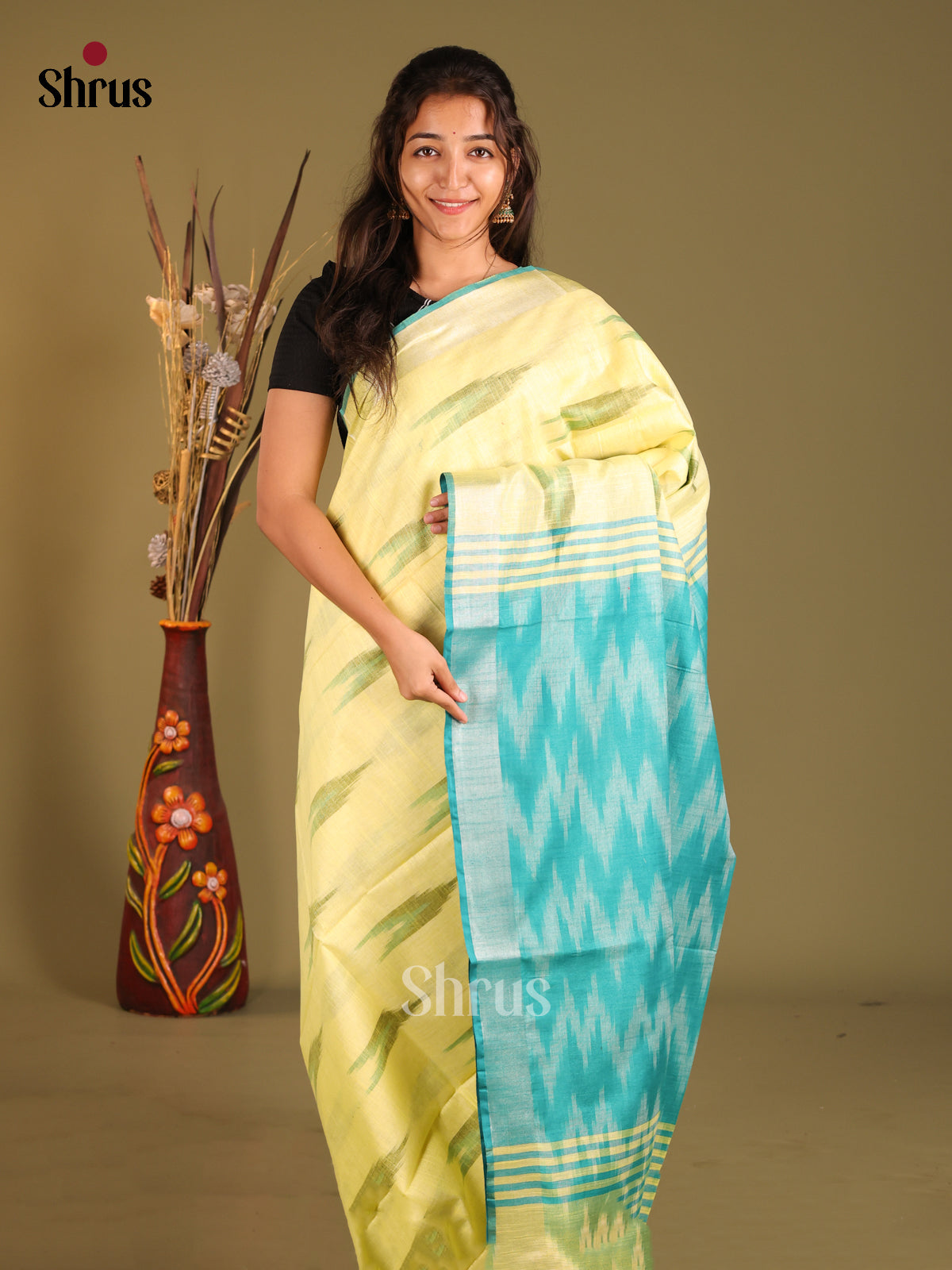 Yellow & Blue - Semi Ikkat Saree