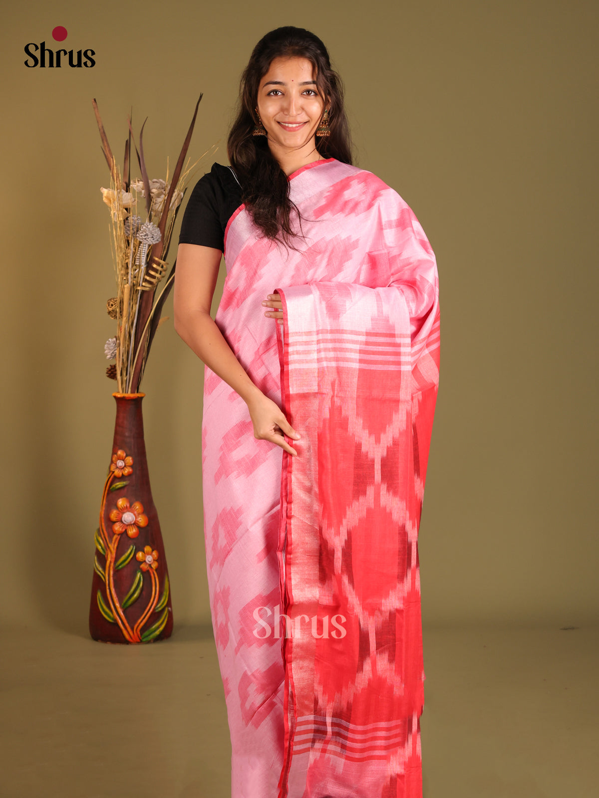Pink & Red - Semi Ikkat Saree - Shop on Shrus.com