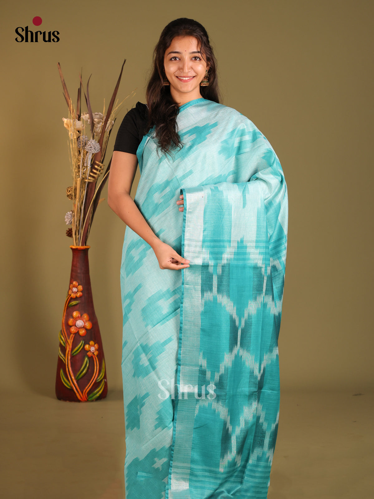 Pastel Blue & Teal- Semi Ikkat Saree