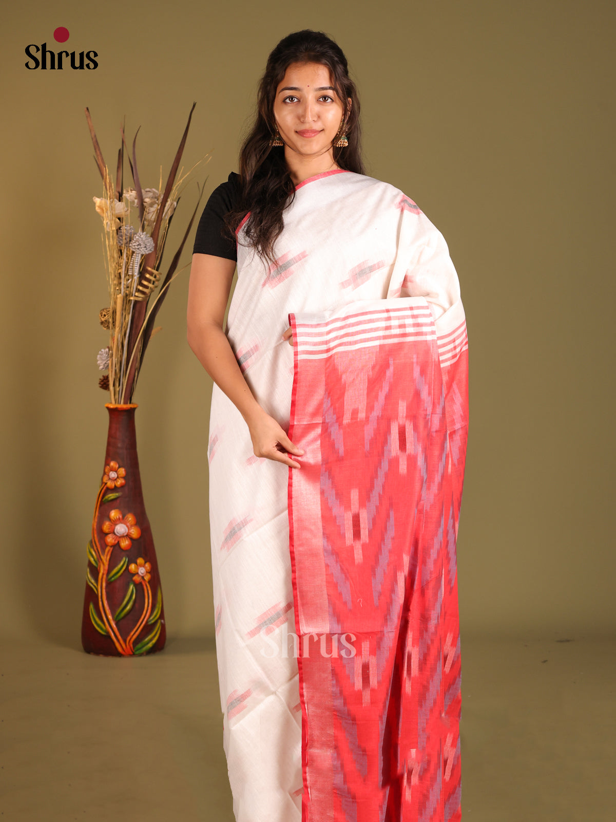 White & Red - Semi Ikkat Saree - Shop on Shrus.com