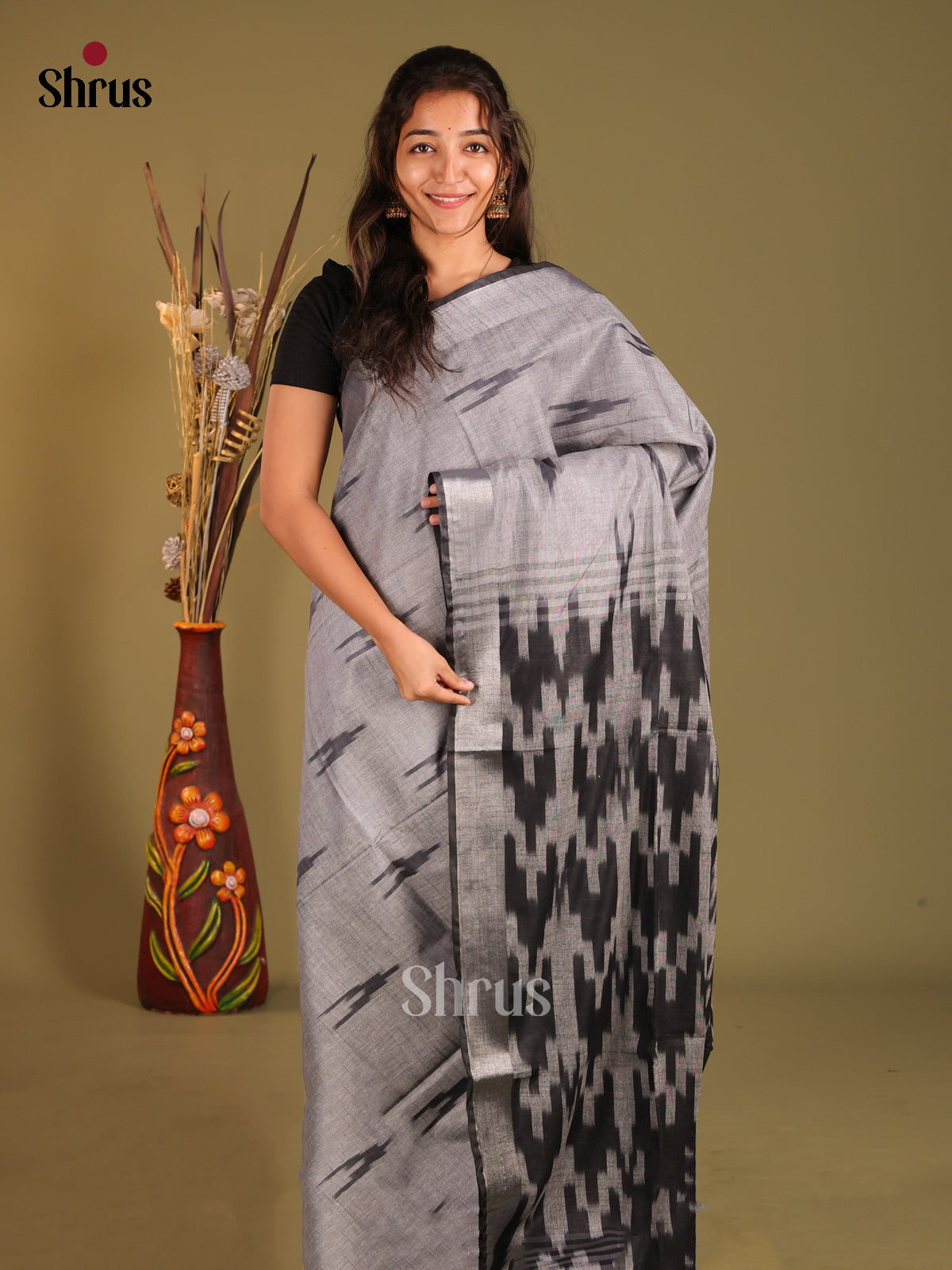 Grey & Black- Semi Ikkat Saree