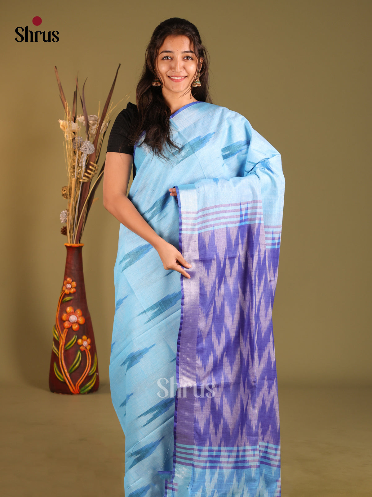 Blue & Lavender - Semi Ikkat Saree