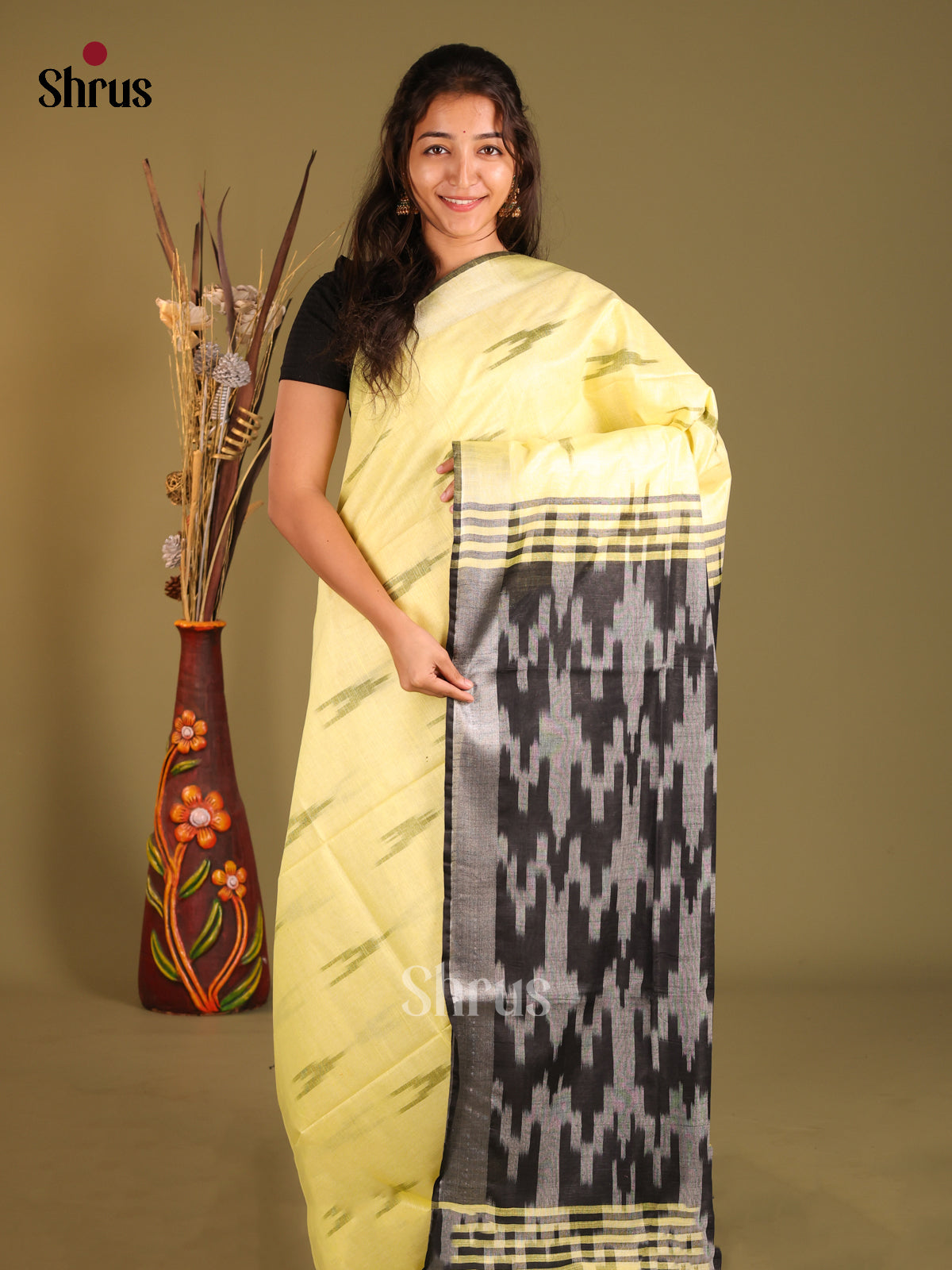 Yellow & Grey- Semi Ikkat Saree