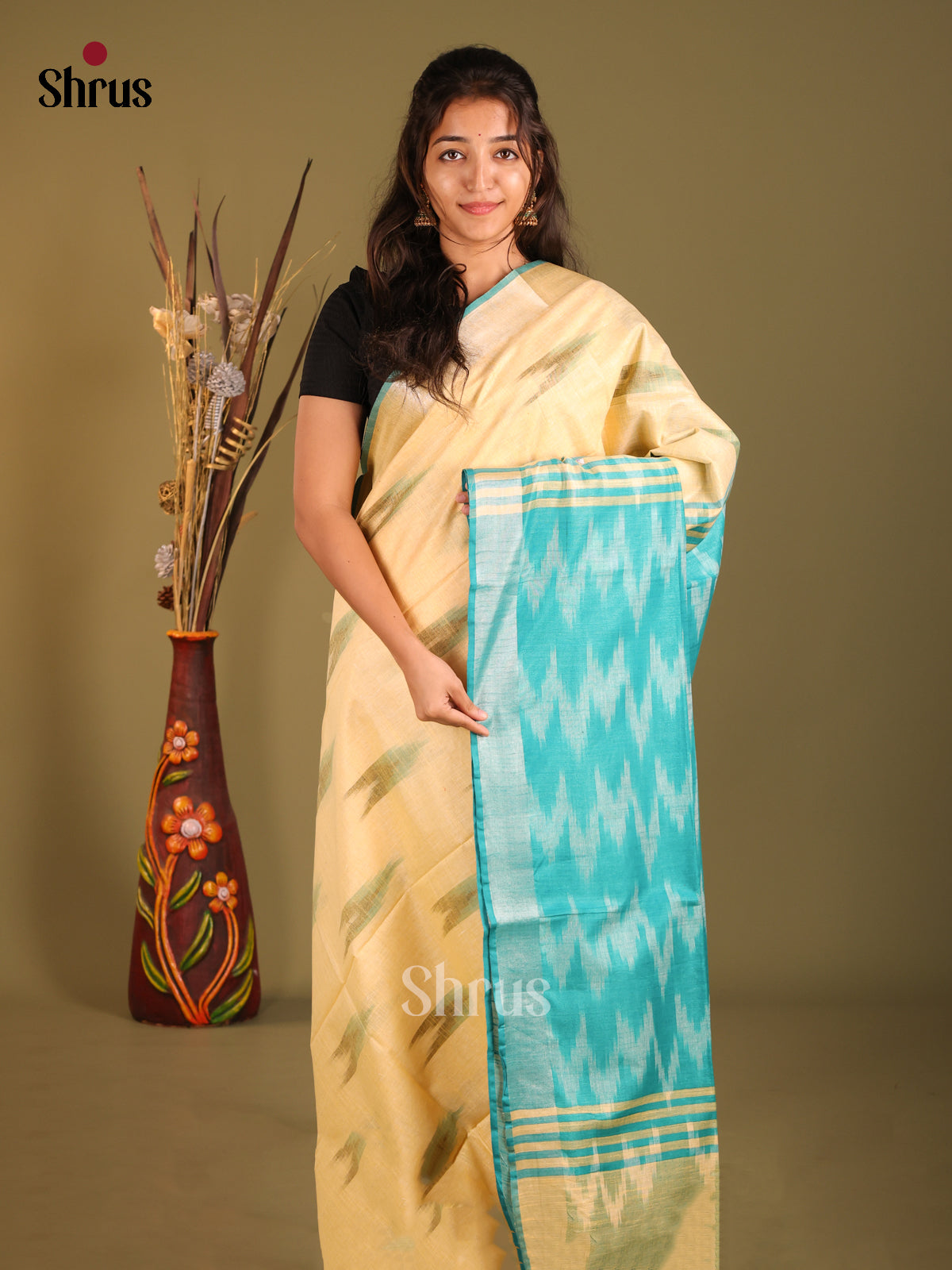 Light Yellow & Blue- Semi Ikkat Saree - Shop on Shrus.com