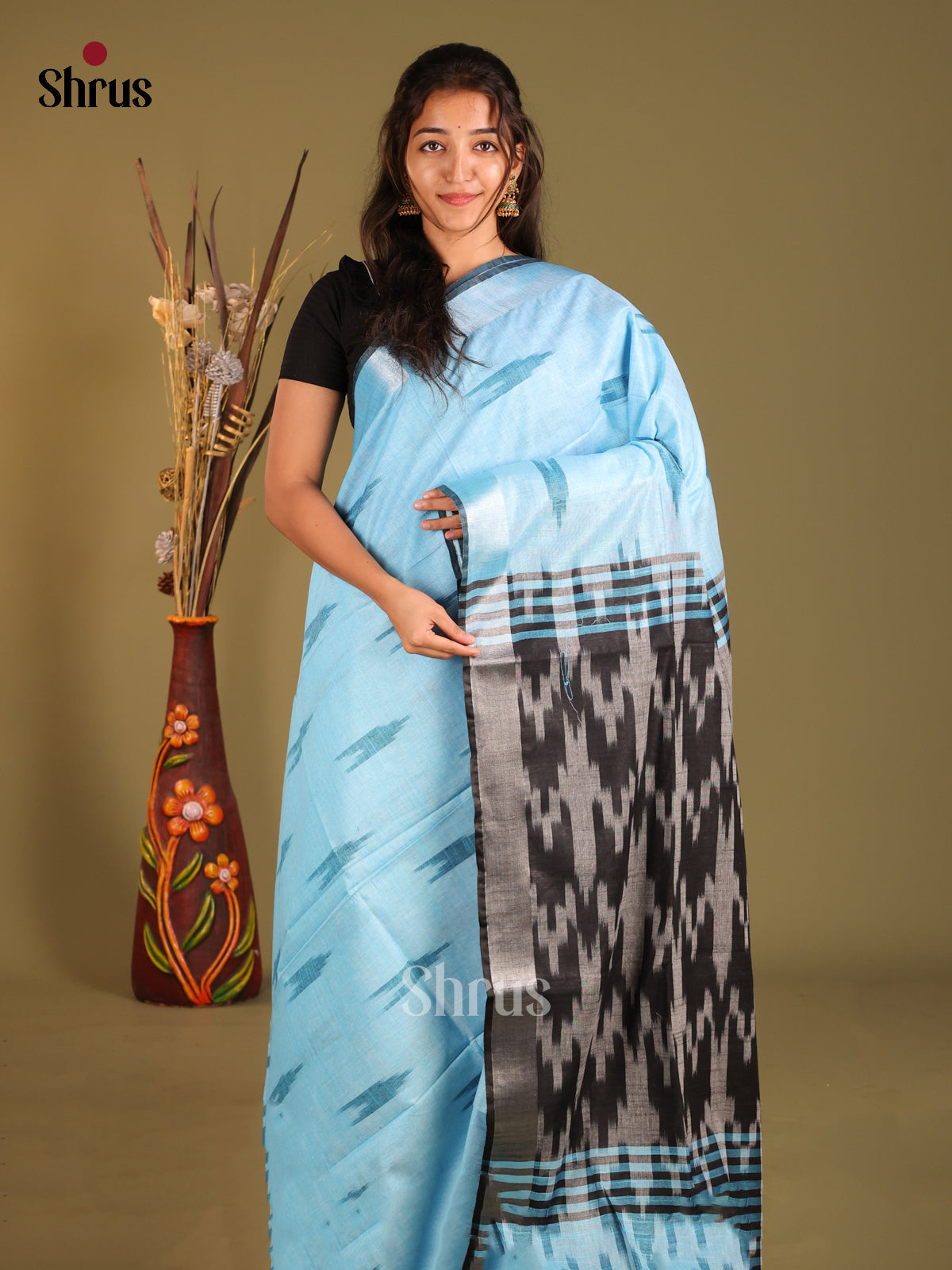 Pastel Blue & Grey- Semi Ikkat Saree - Shop on Shrus.com