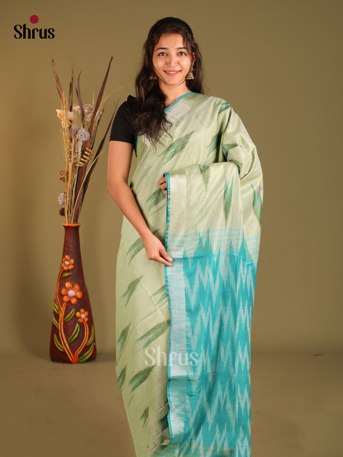 Green & Blue - Semi Ikkat Saree - Shop on Shrus.com