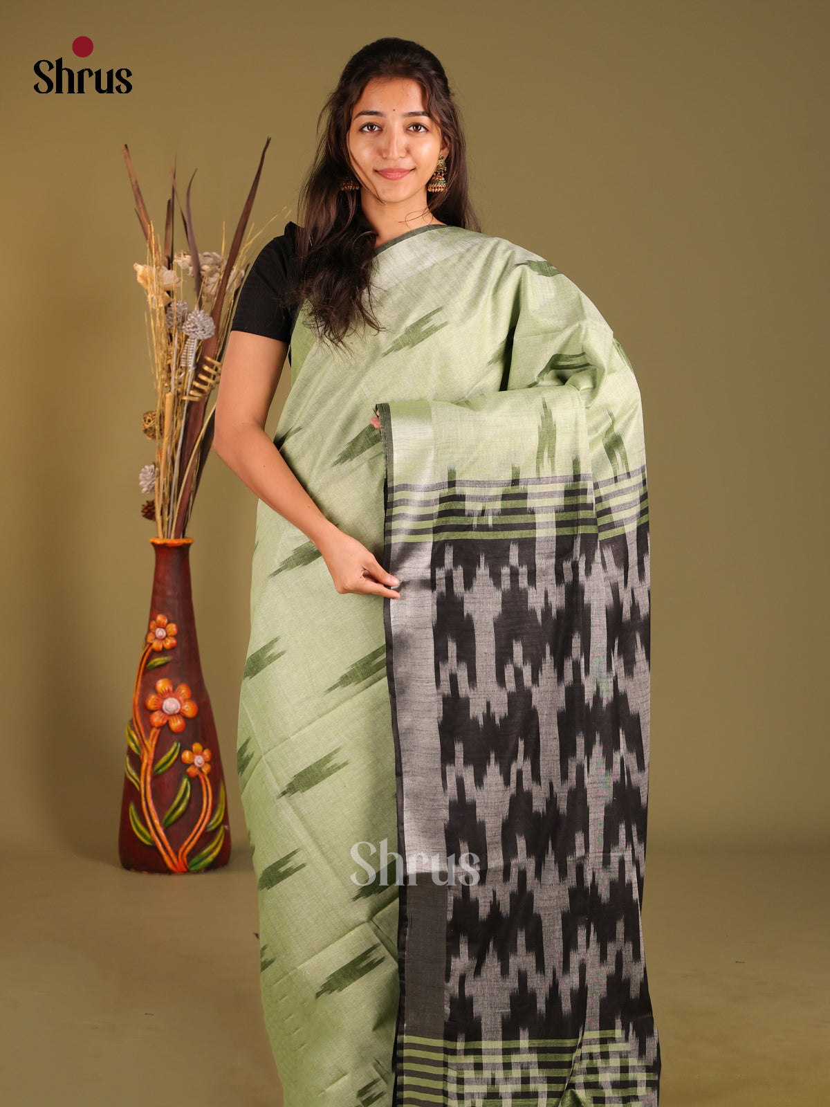 Green & Grey - Semi Ikkat Saree