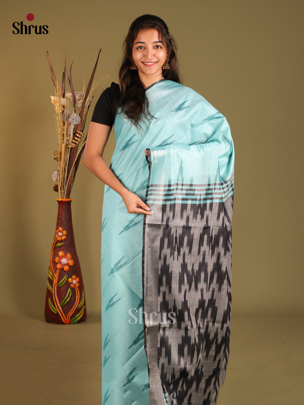 Pastel Blue & Grey - Semi Ikkat Saree - Shop on Shrus.com