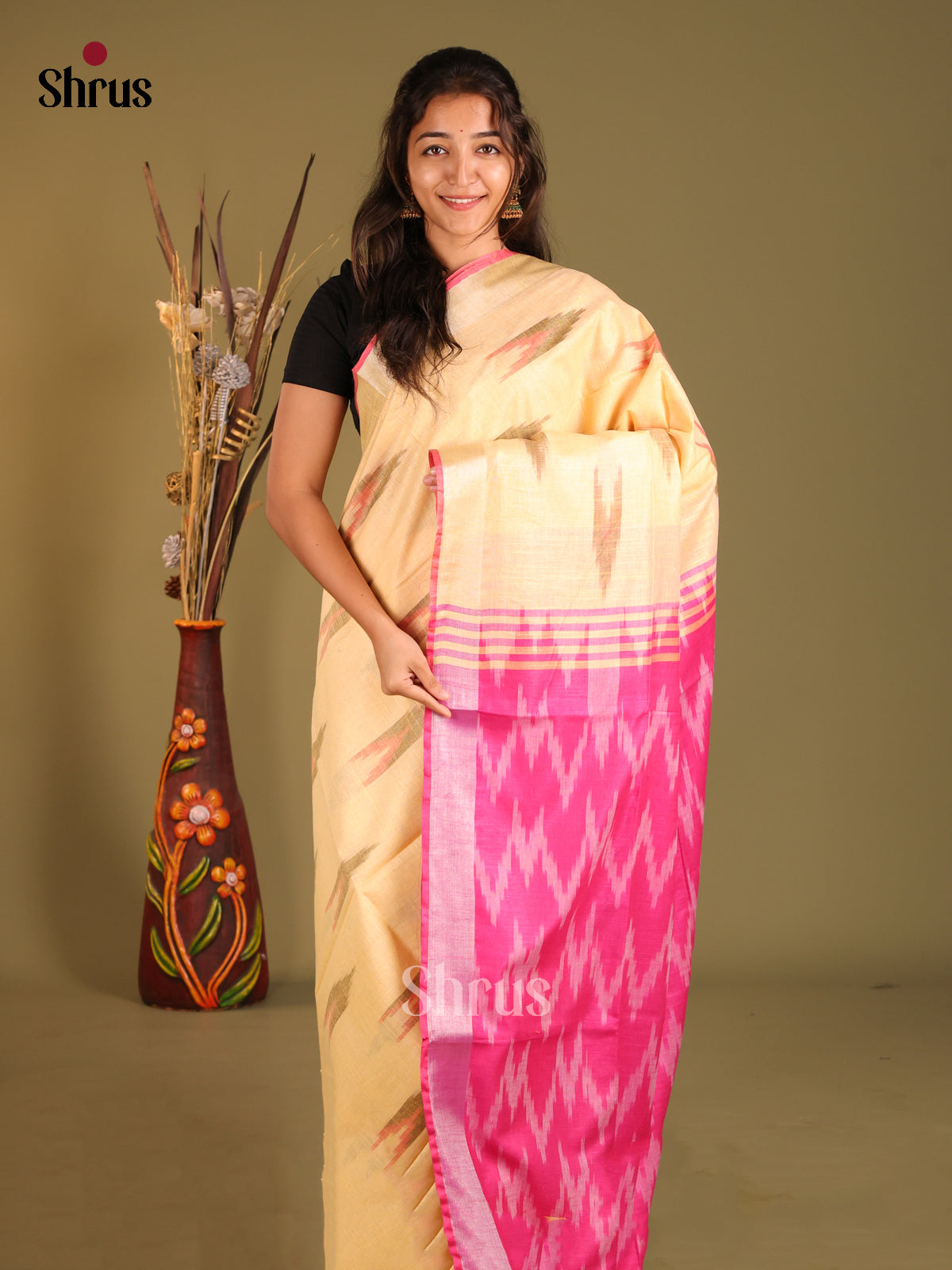 Light Yellow & Pink - Semi Ikkat Saree - Shop on Shrus.com