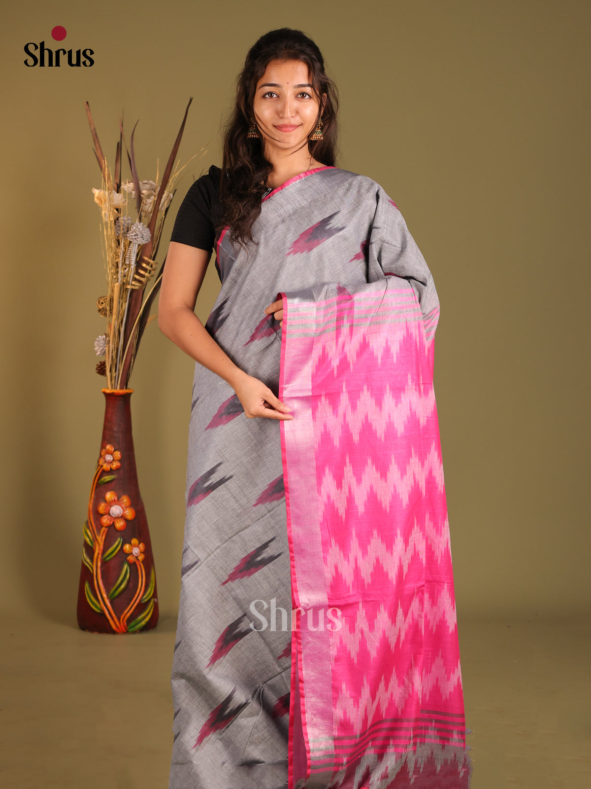 Grey & Pink- Semi Ikkat Saree