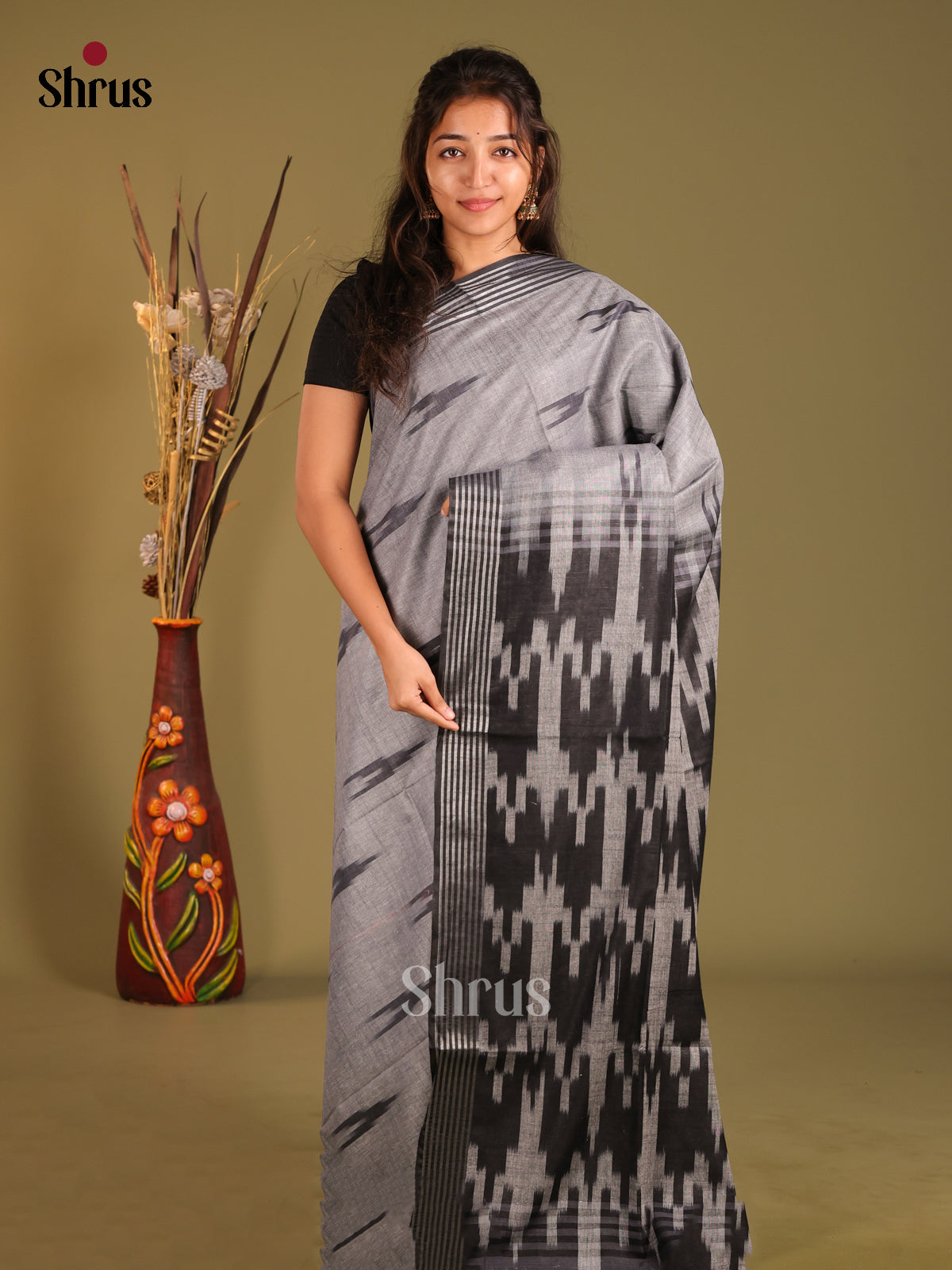 grey & Black - Semi Ikkat Saree