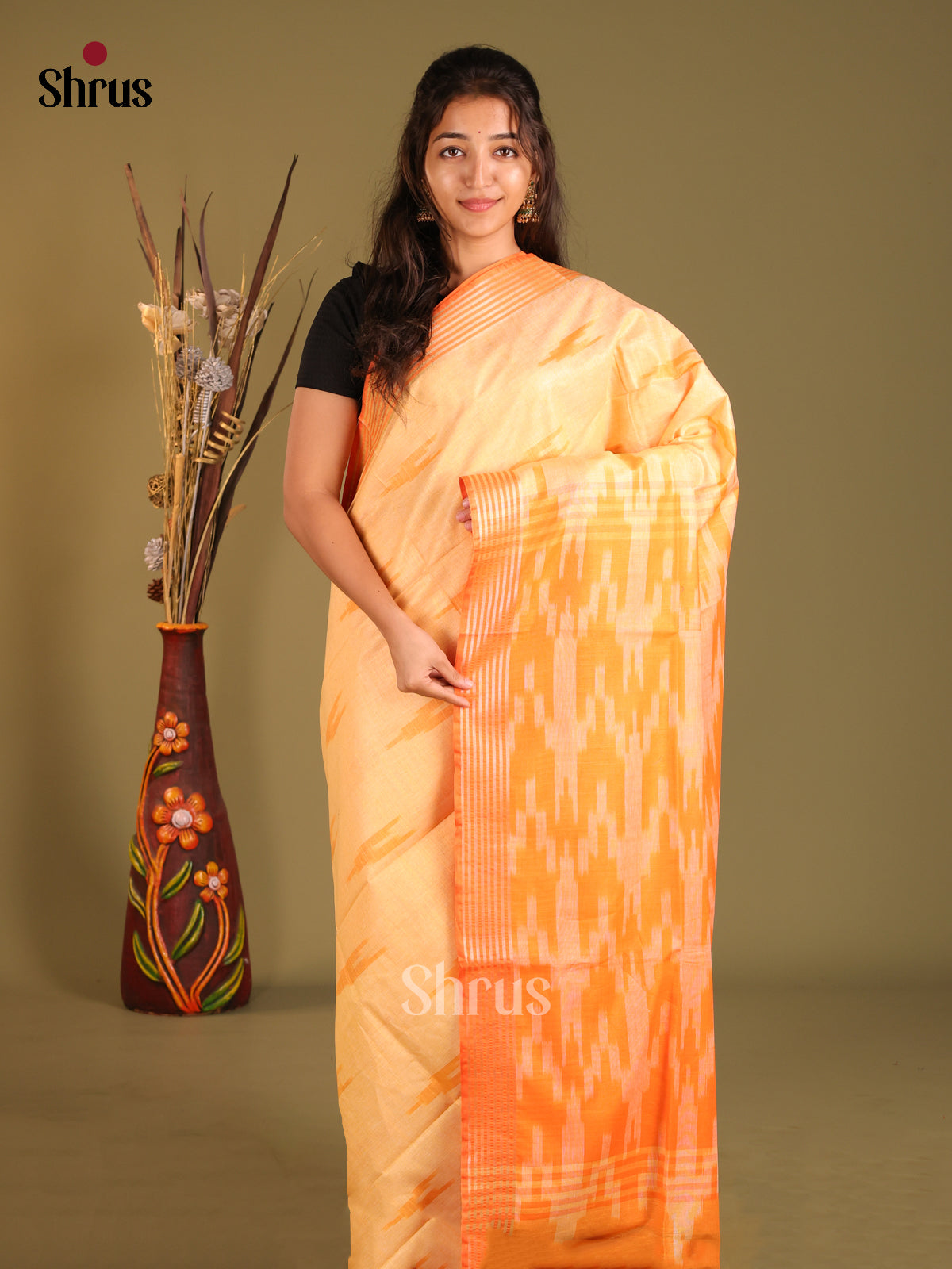 Peachish Orange - Semi Ikkat Saree