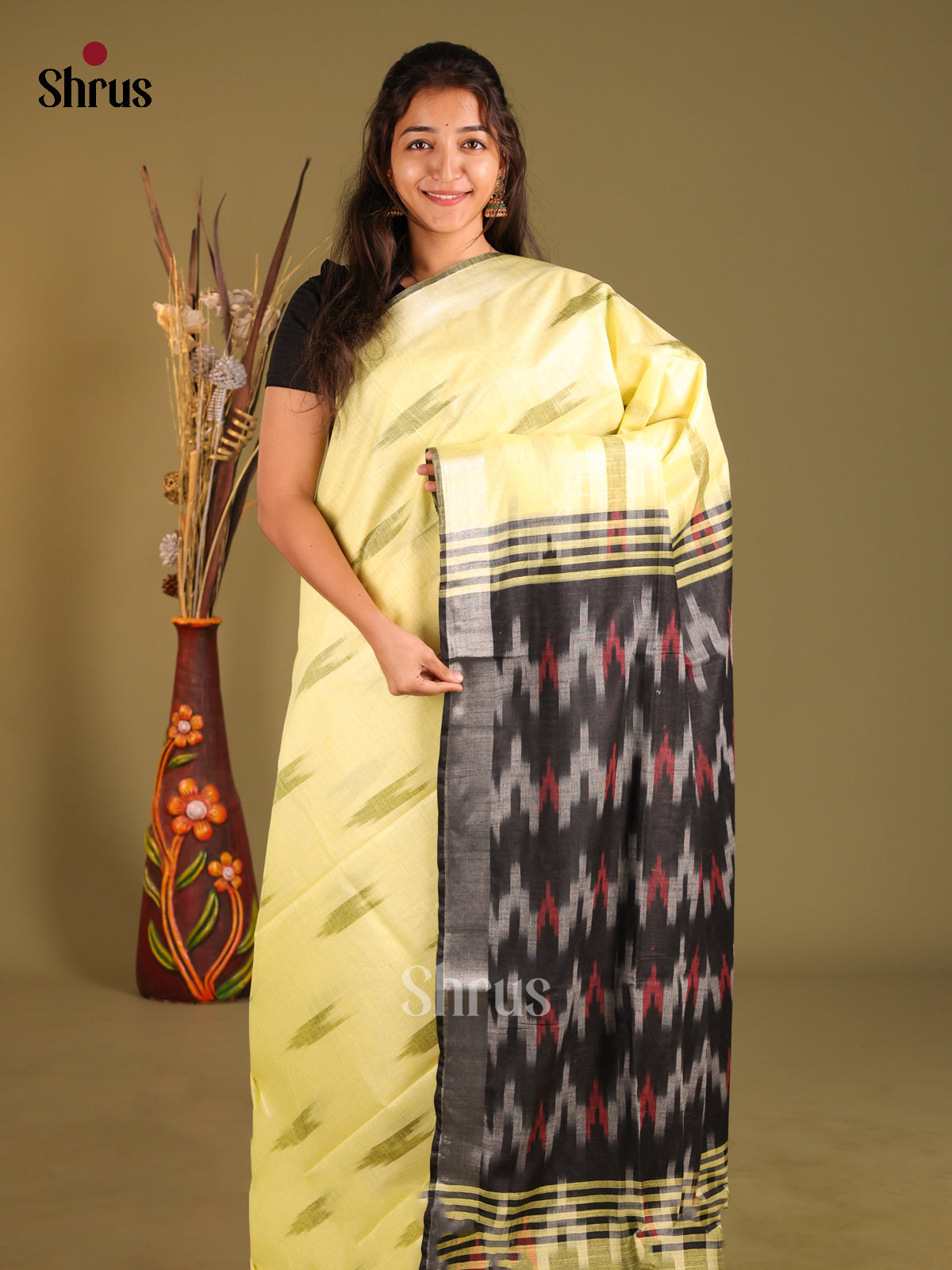 Yellow & Grey - Semi Ikkat Saree