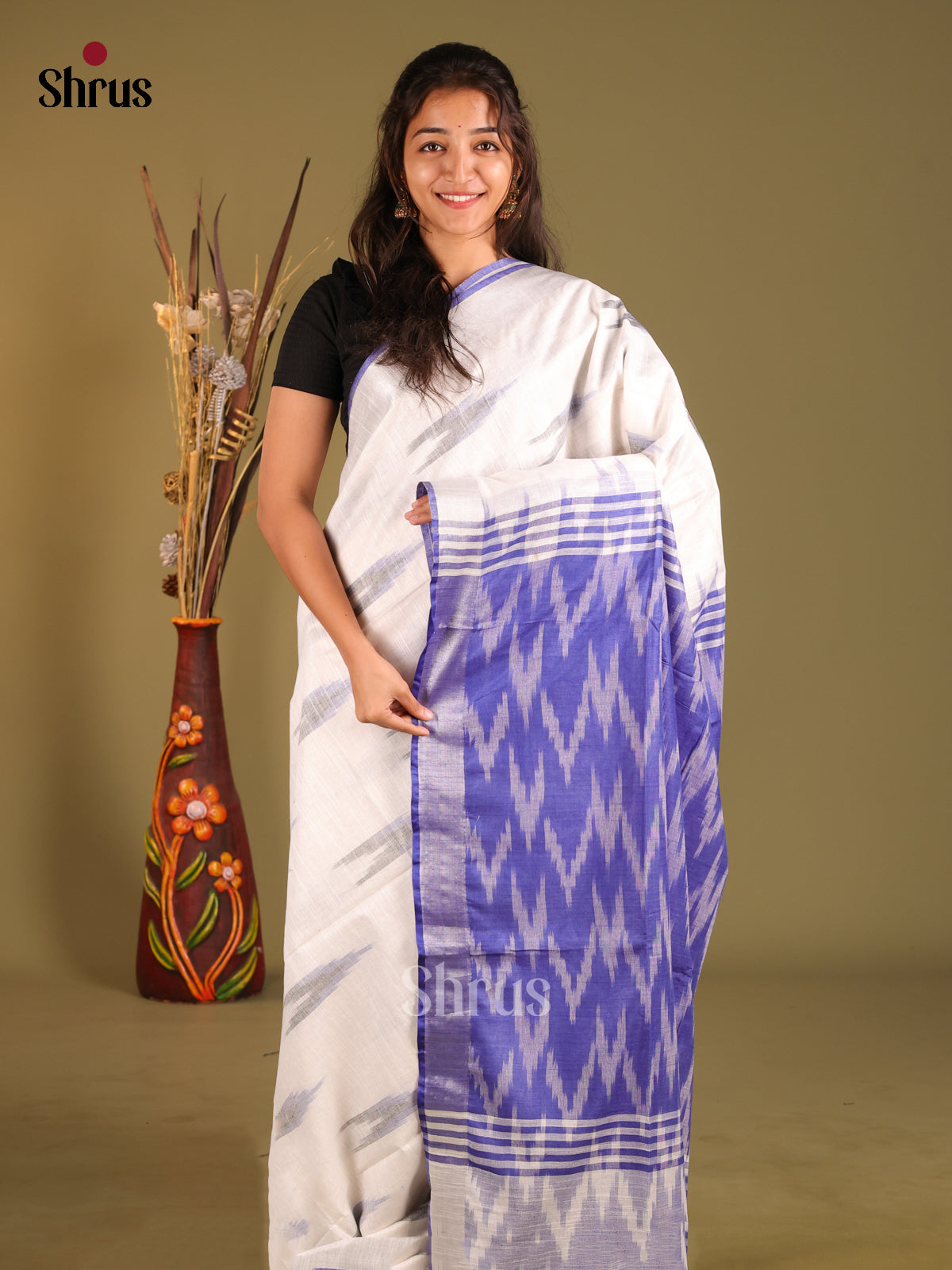 White & Blue - Semi Ikkat Saree