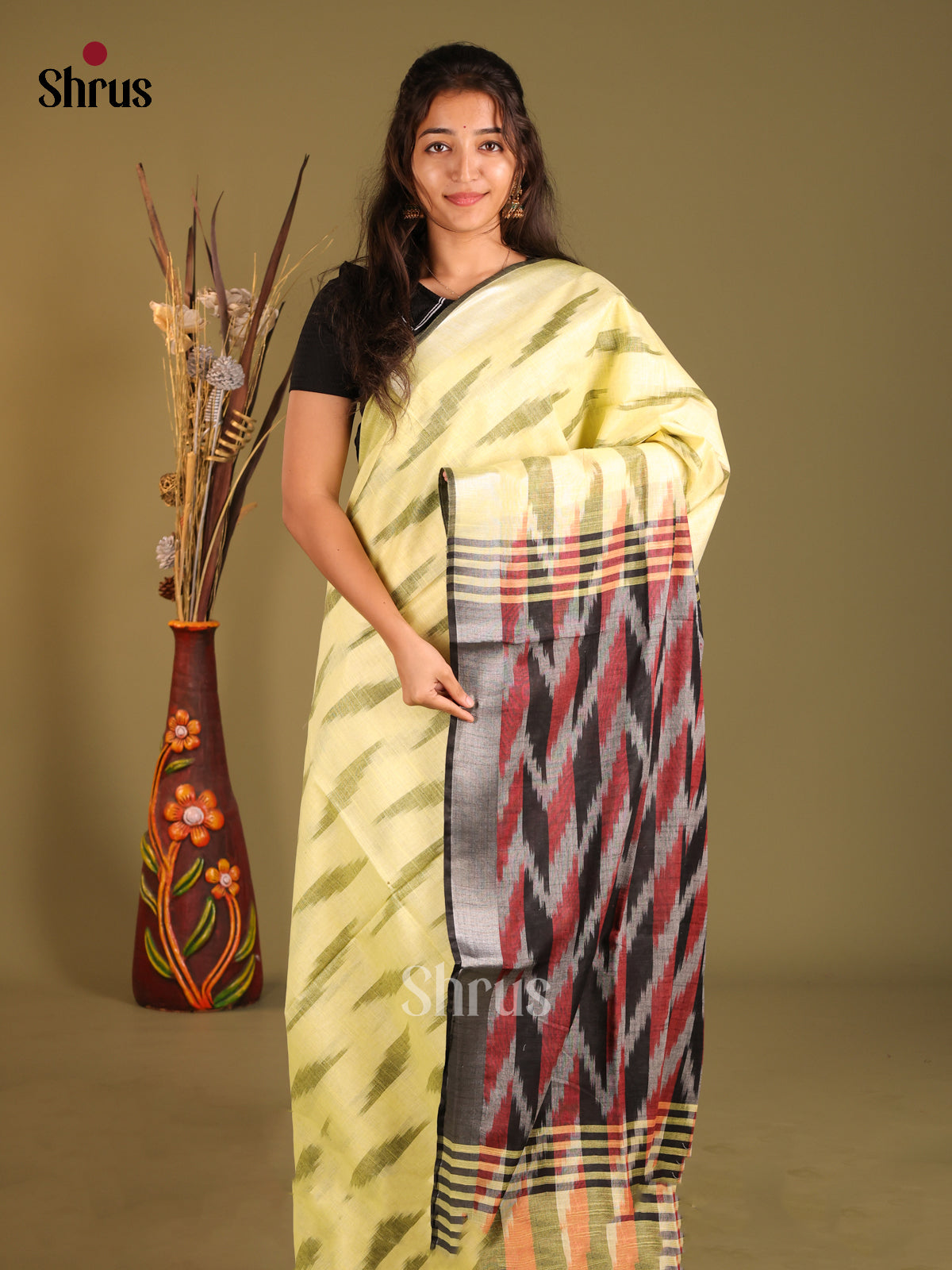 Yellow & Grey - Semi Ikkat Saree