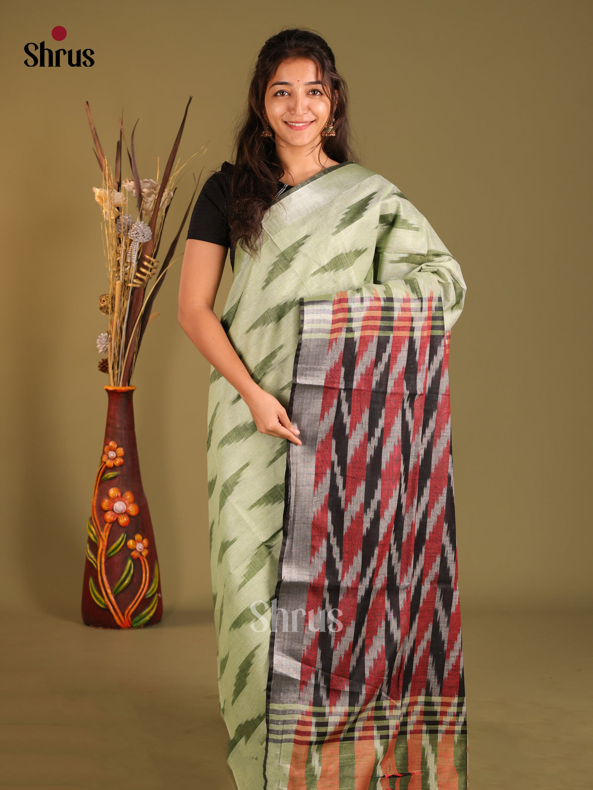 Green & Grey- Semi Ikkat Saree