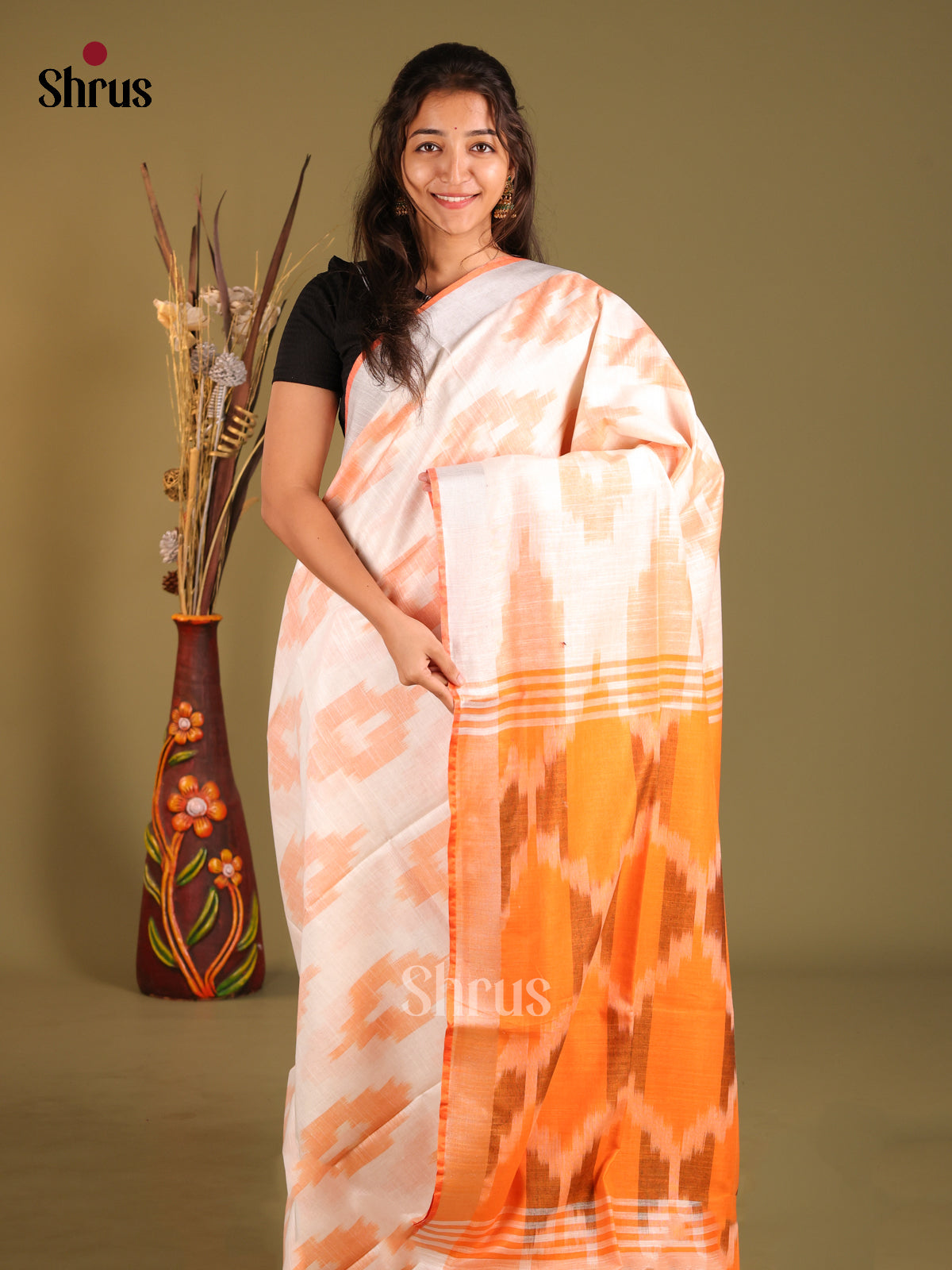 Cream & Orange - Semi Ikkat Saree