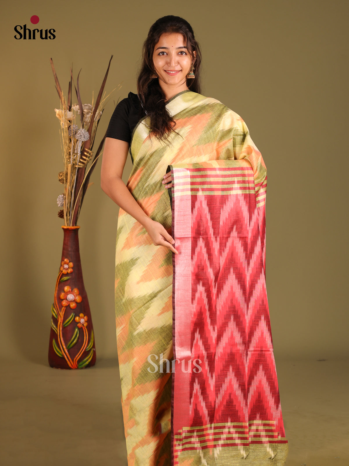 Green & Maroon - Semi Ikkat Saree