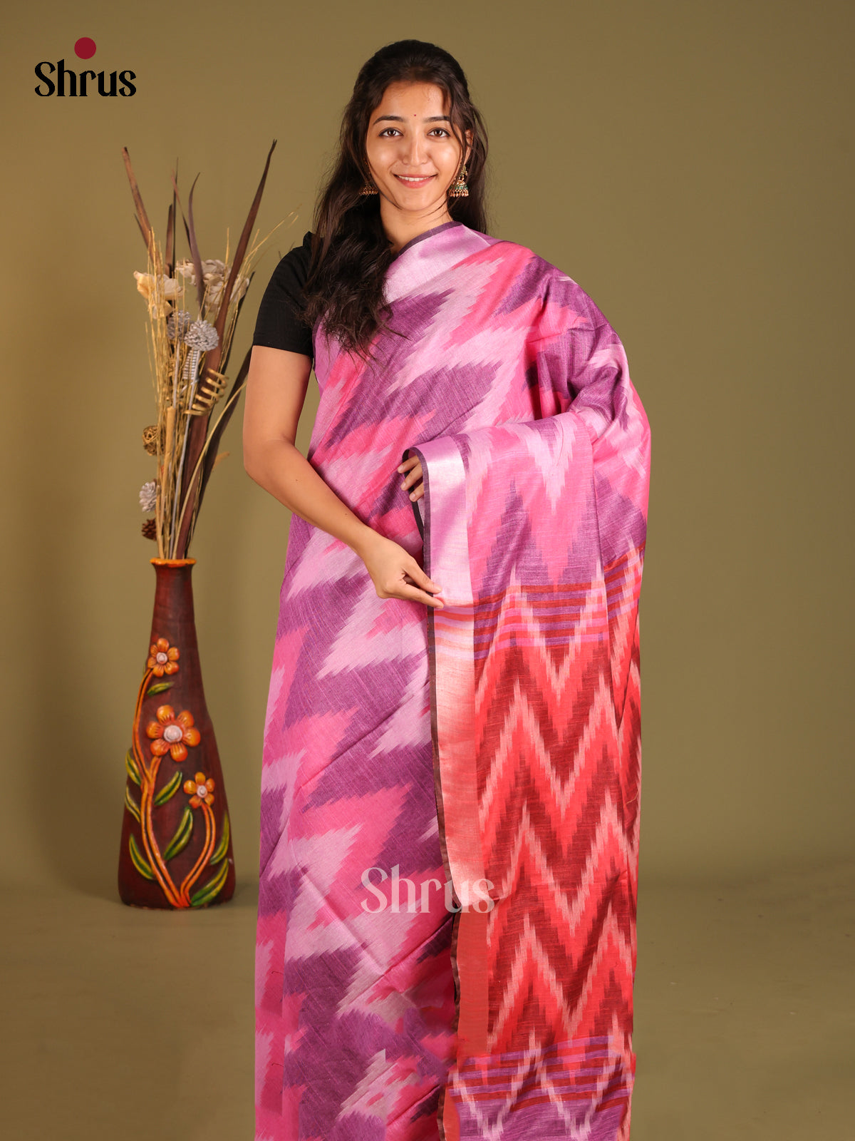 Pink & Maroon- Semi Ikkat Saree