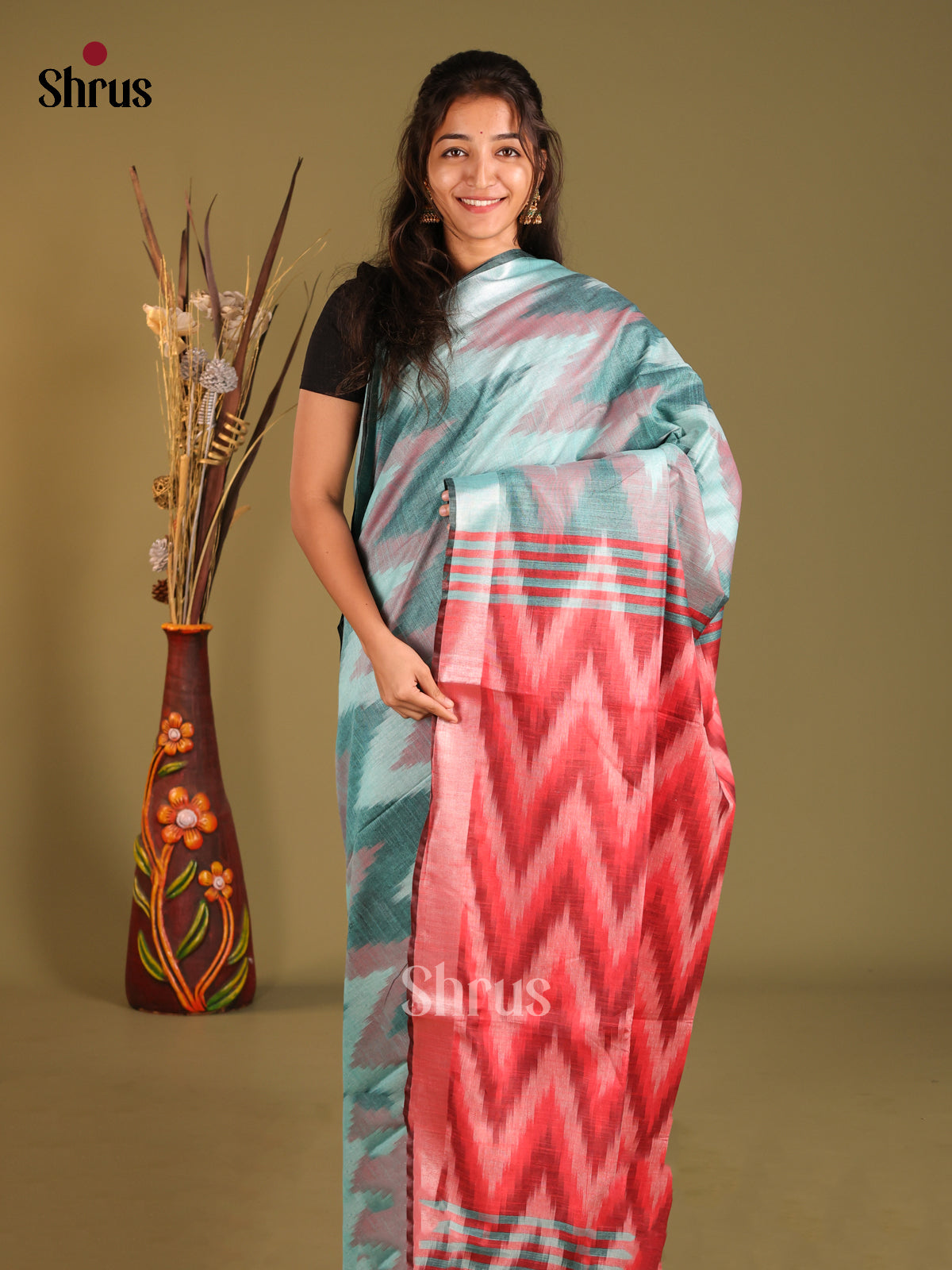 Green & Maroon - Semi Ikkat Saree