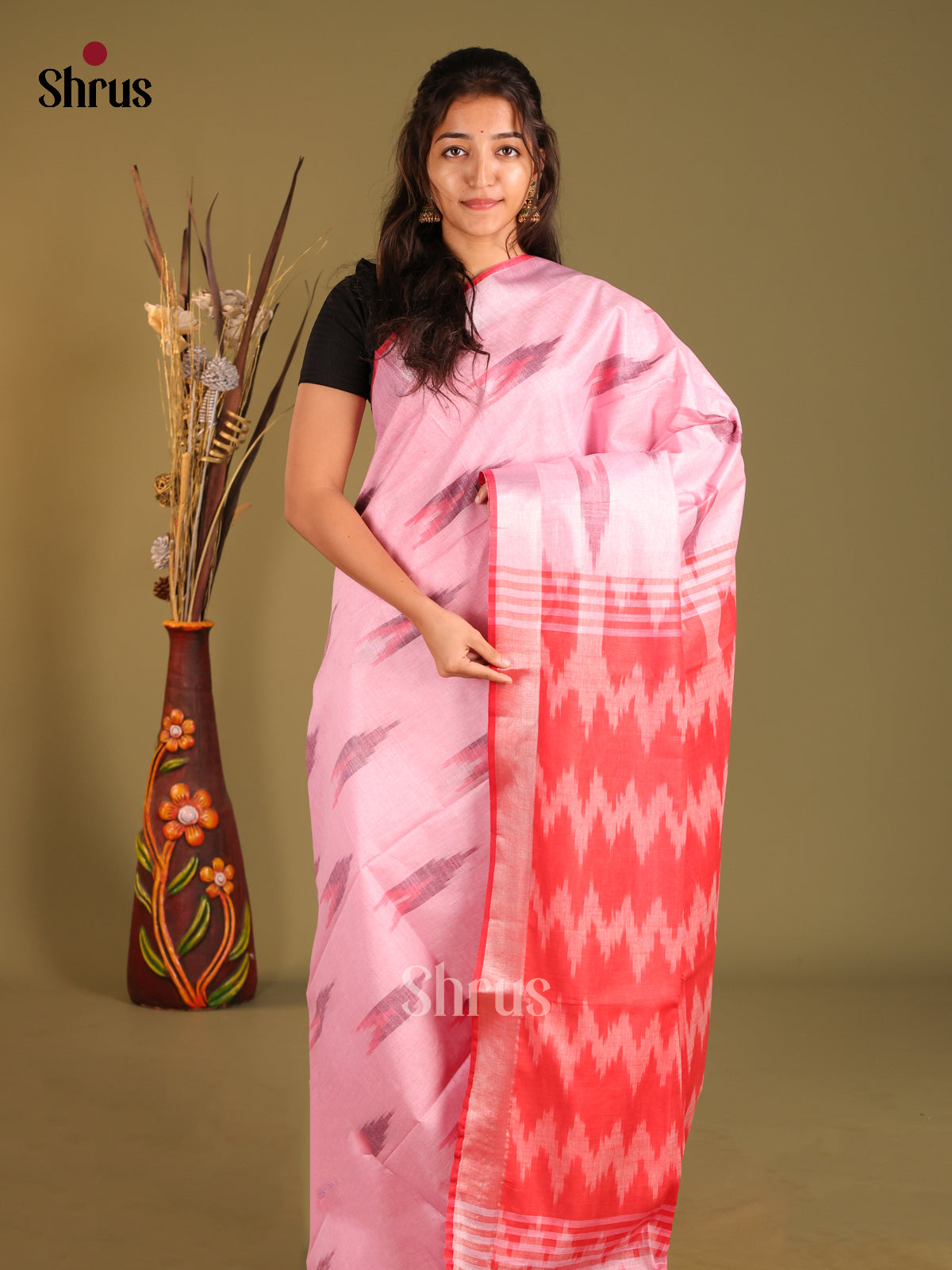 Pink & Red - Semi Ikkat Saree - Shop on Shrus.com