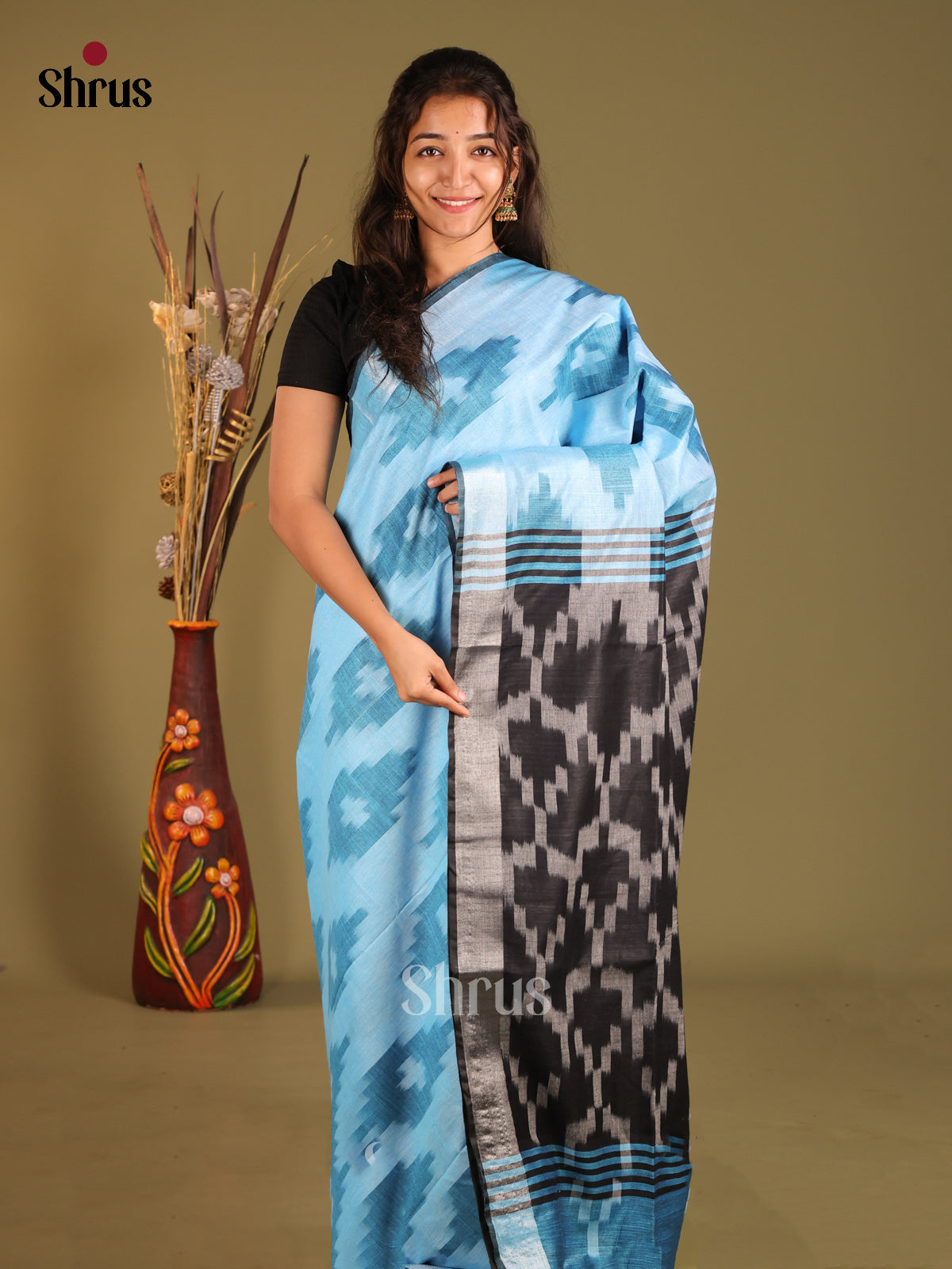 Blue & Black - Semi Ikkat Saree