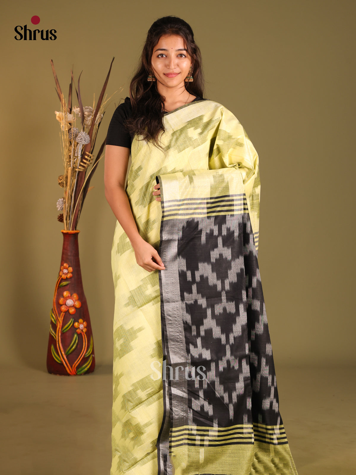 Light Green & Black- Semi Ikkat Saree