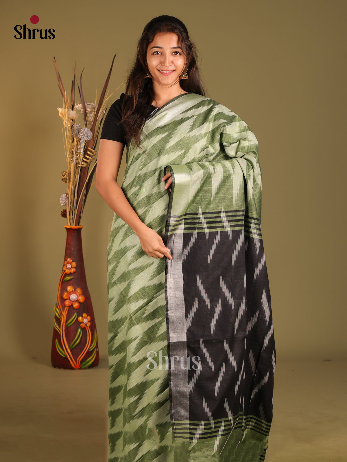 Green & Black - Semi Ikkat Saree - Shop on Shrus.com