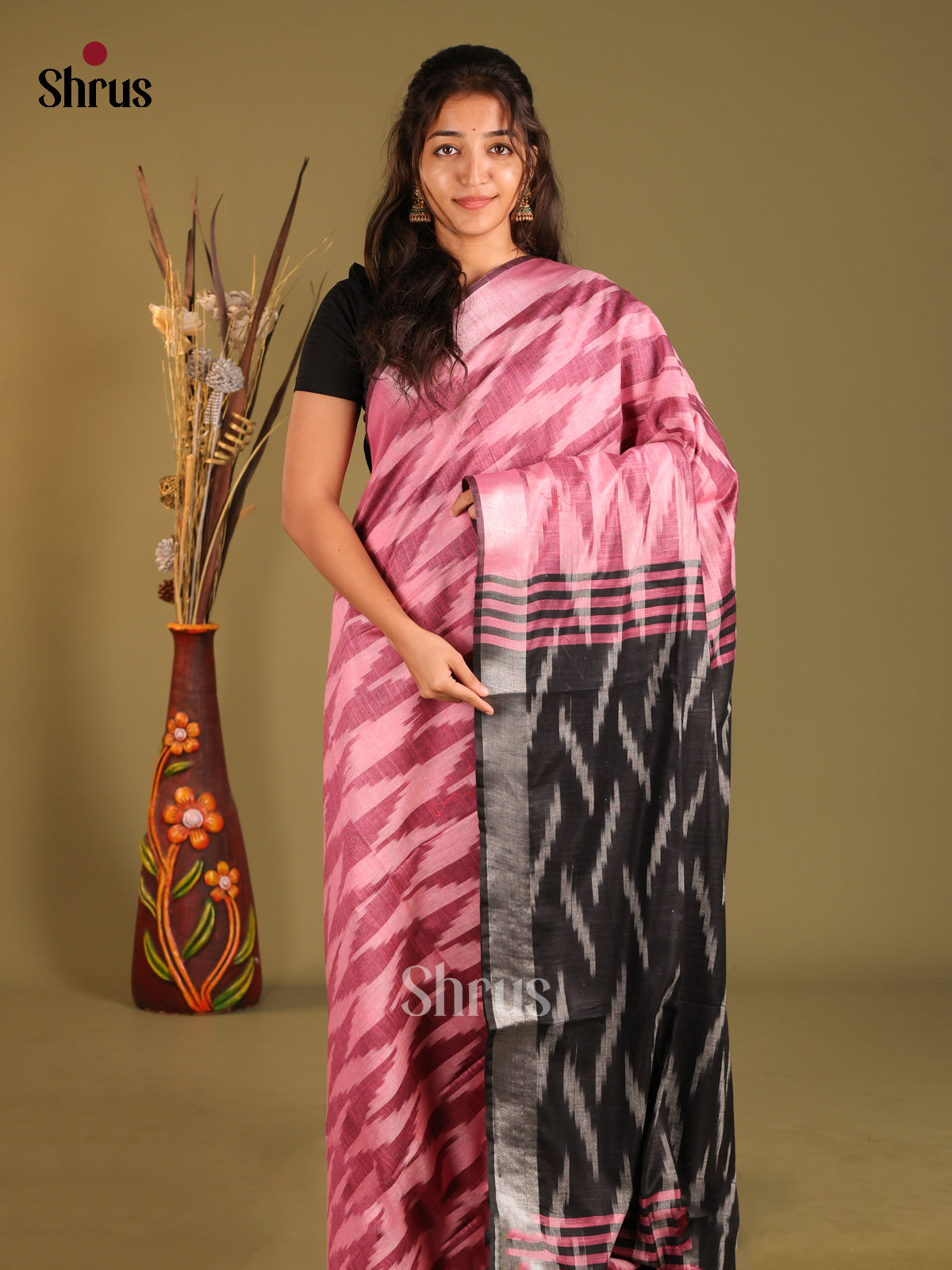 Pink & Black - Semi Ikkat Saree - Shop on Shrus.com