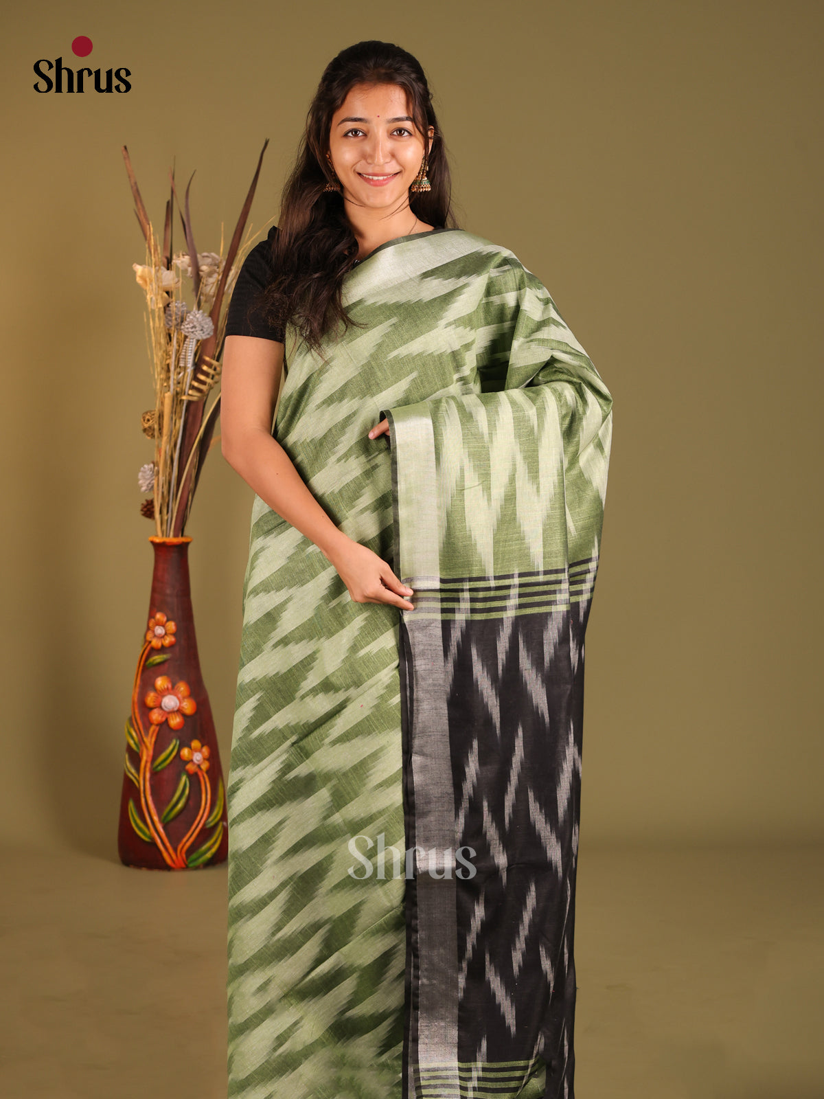 Green & Black- Semi Ikkat Saree - Shop on Shrus.com