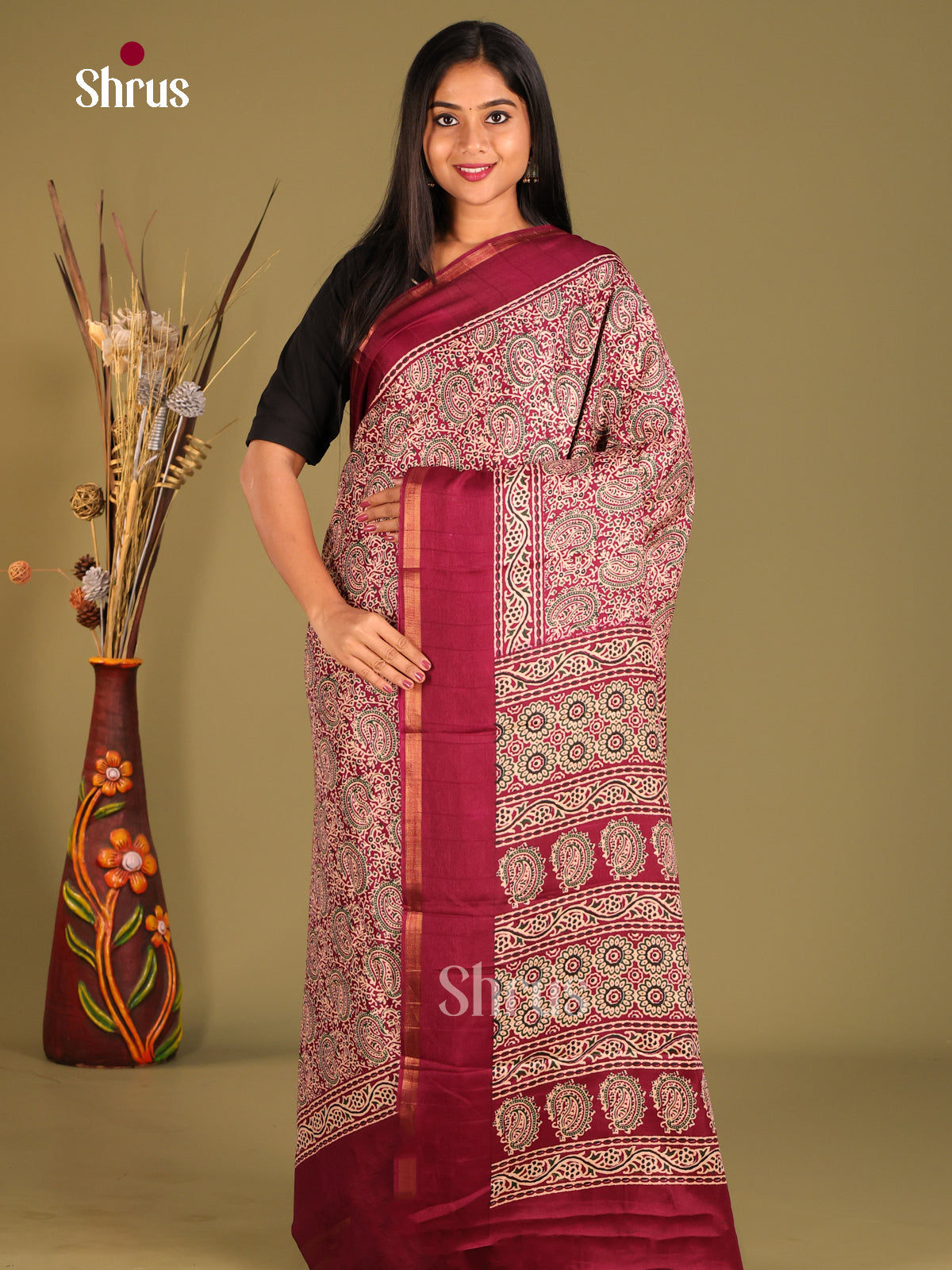 Maroon - Art Modal Saree - Shop on Shrus.com