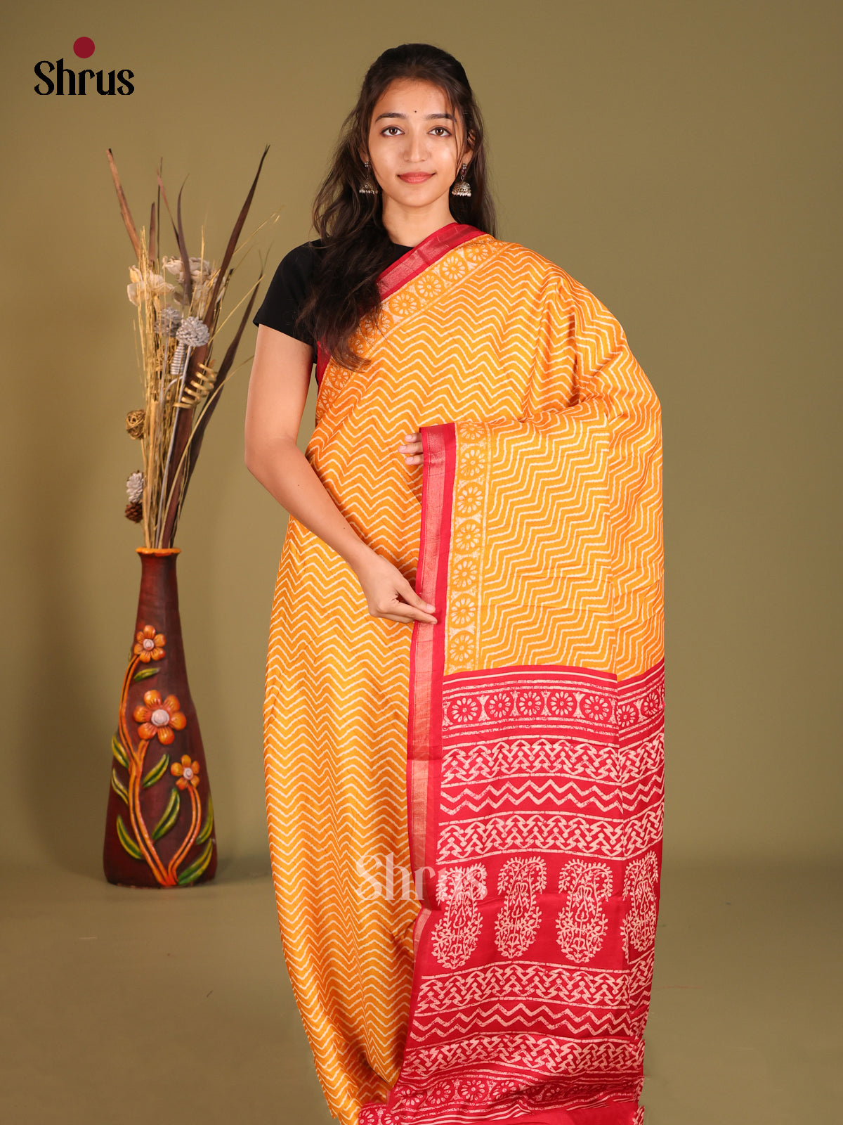 Mustard & Red- Art Modal Saree - Shop on Shrus.com