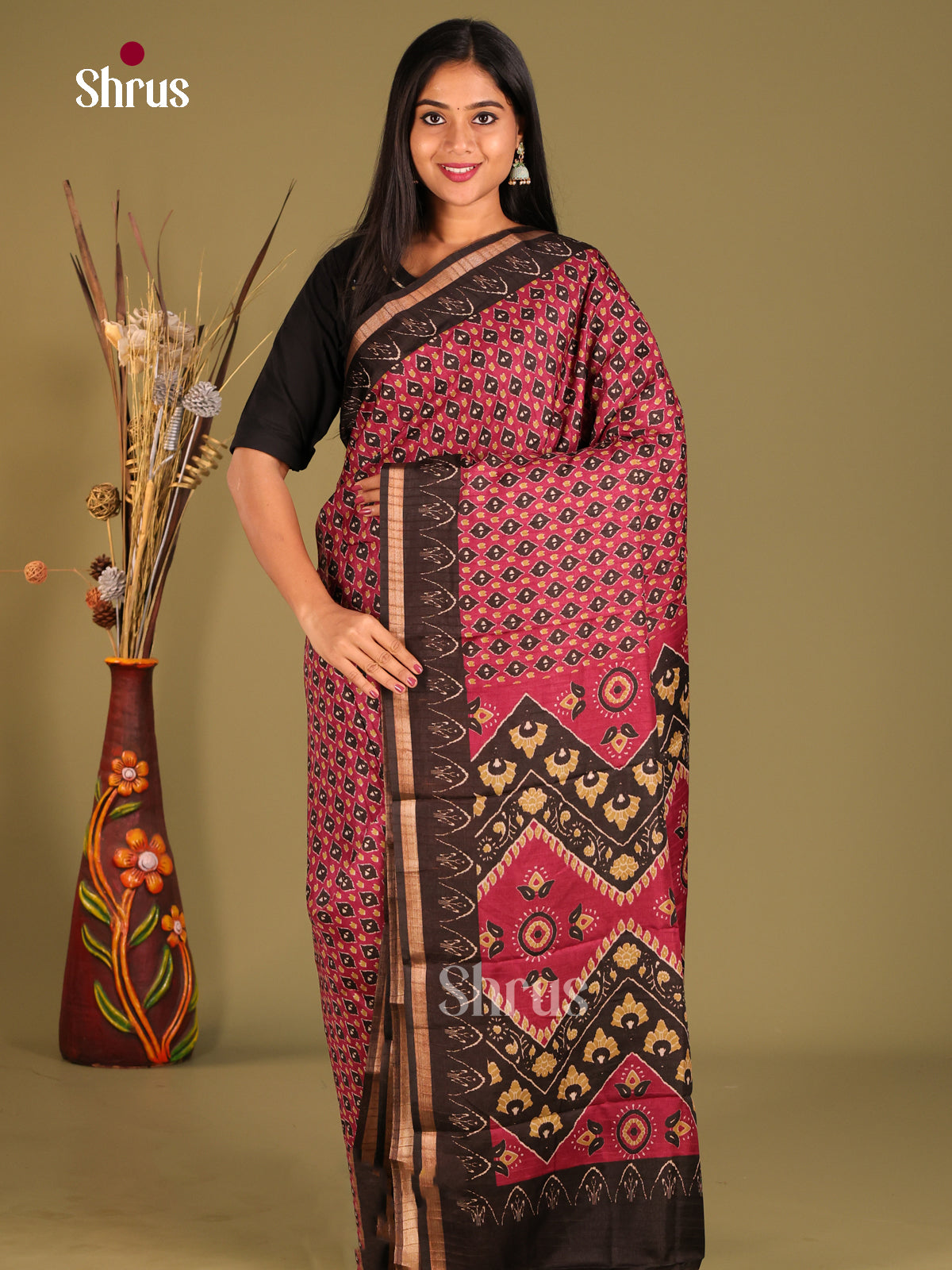 Maroon & Black - Art Modal Saree - Shop on Shrus.com