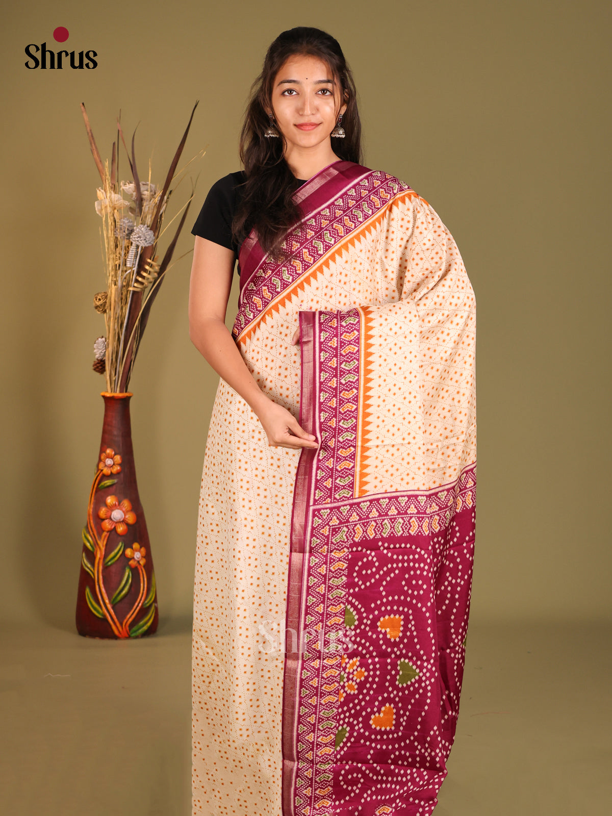 Cream & Maroon- Art Modal Saree