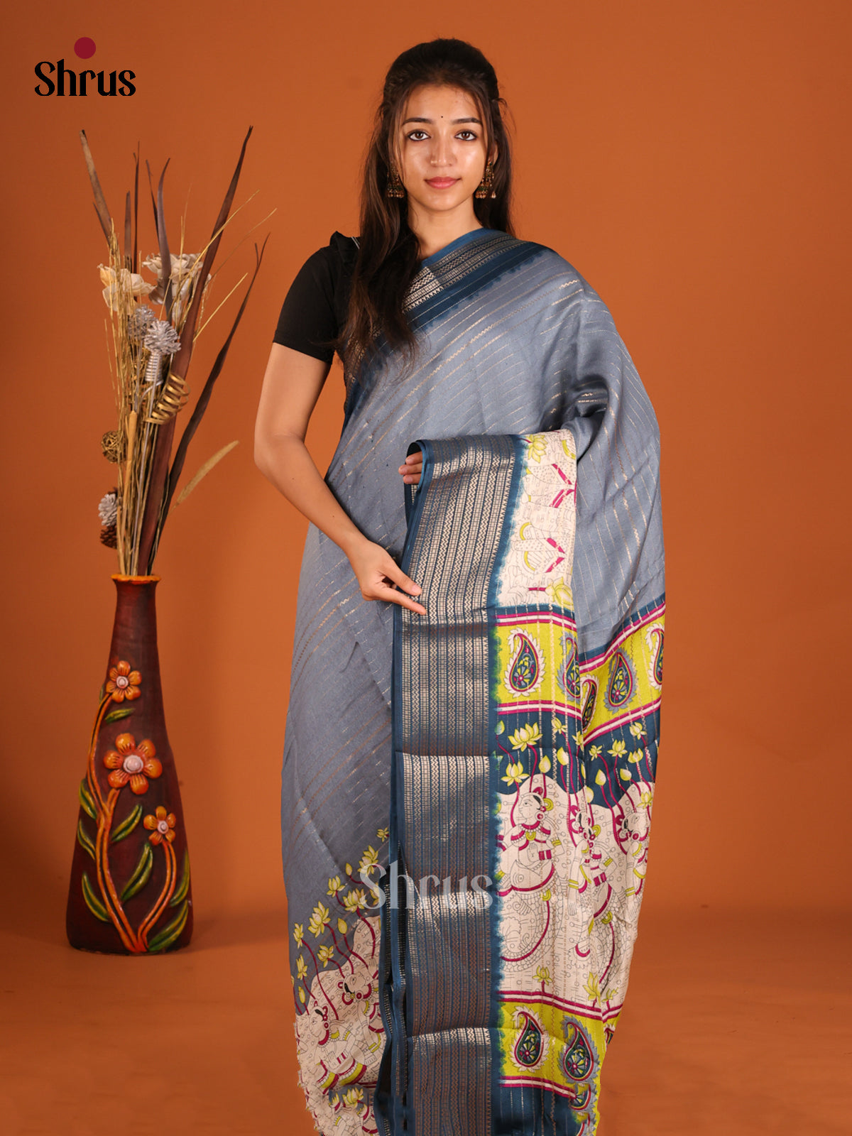 Grey & Blue- Semi Mysoresilk Saree