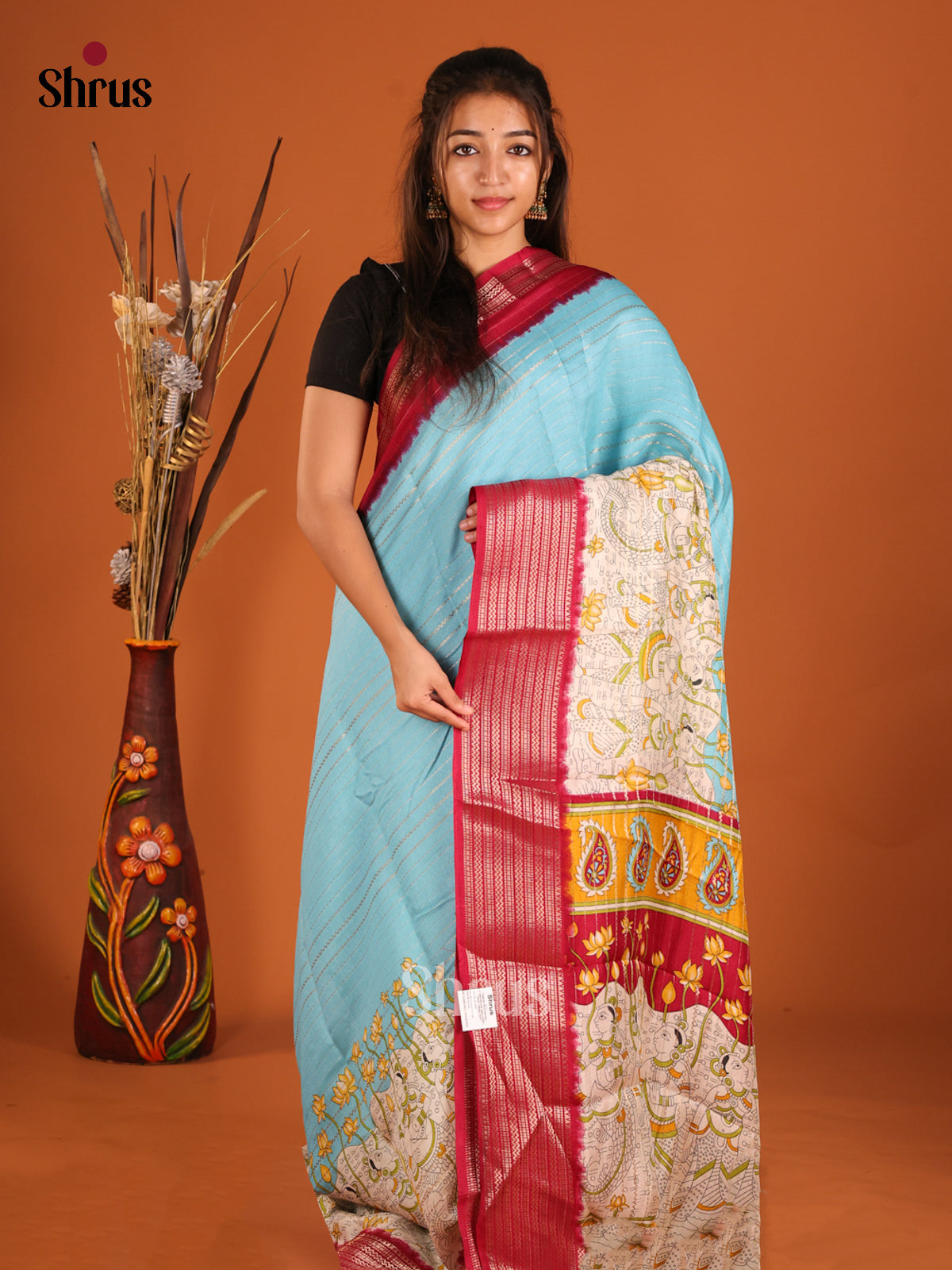 Sky Blue & Red - Semi Mysoresilk Saree