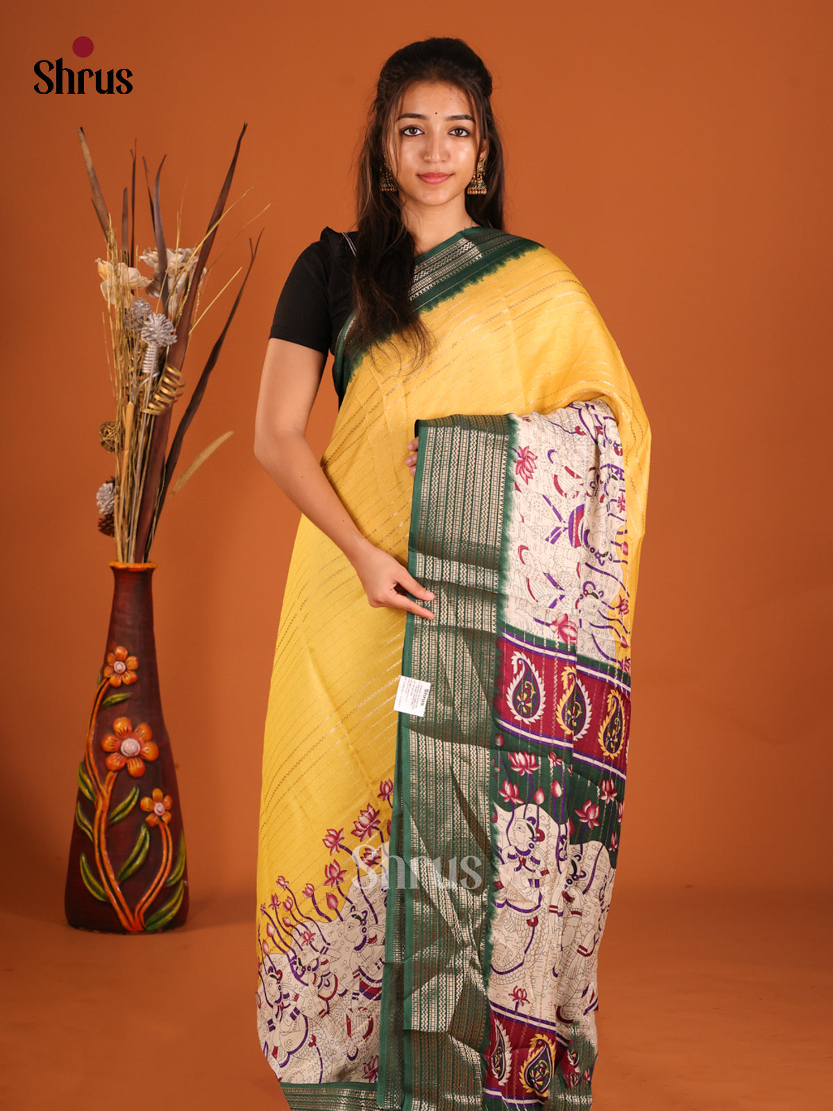 Yellow & Green - Semi Mysoresilk Saree - Shop on Shrus.com